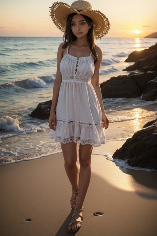 (masterpiece:1.2), (best quality:1.3), shallow_sunset, 1girl, standing, cowboy_shot, straw_hat, swimsuit, dress, shorts, flower, starfish,