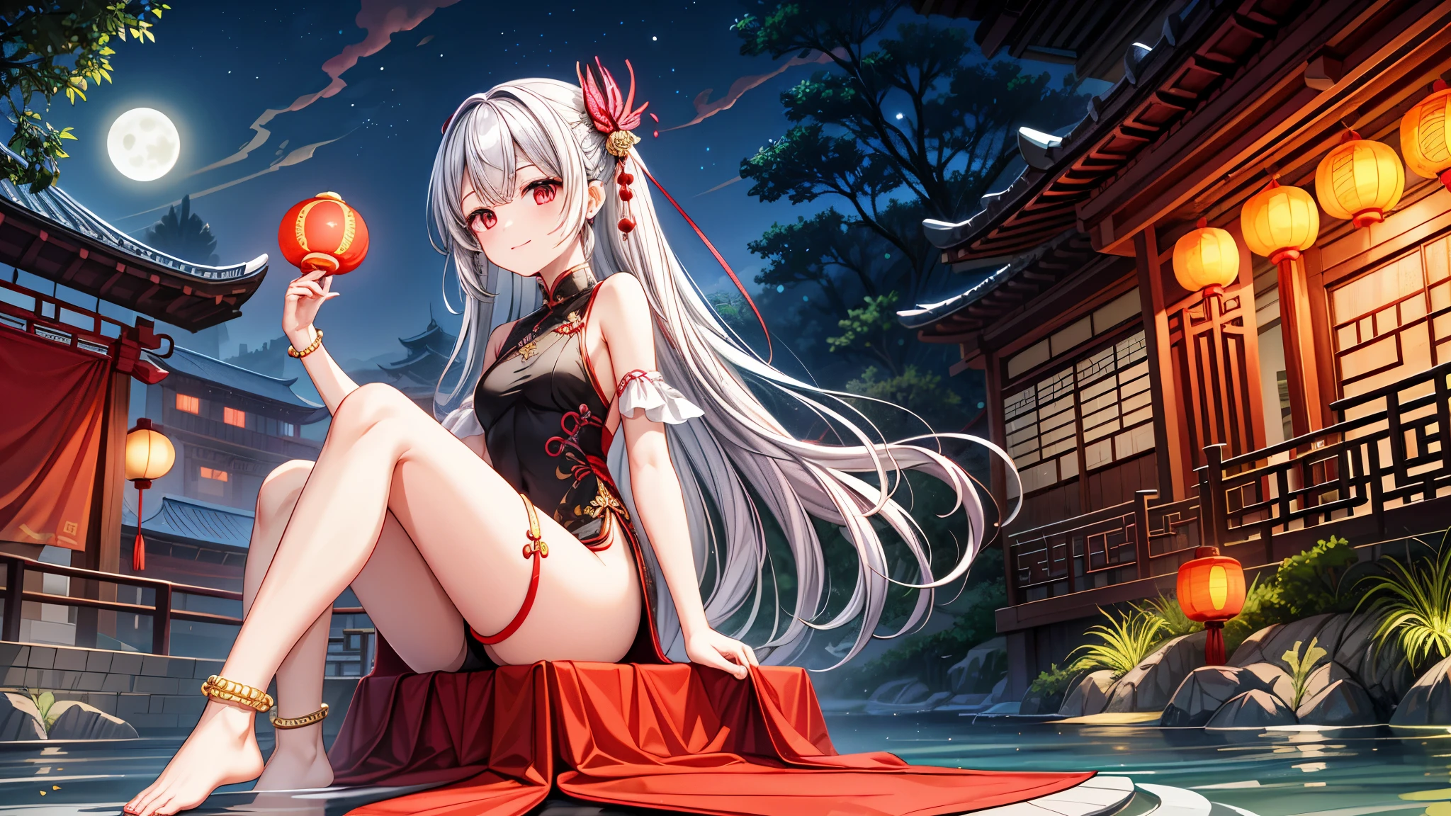 highest quality, 8k, (wide angle lens),1 girl, (Mayl Edelfelt),,long silver hair,red eyes,enchanting smile, barefoot, China dress, butterfly, butterfly hair accessory, backless dress, Chinese service, 2倍good,Golden dragon pattern,barefoot,full moon,elbow bag,good, hair accessory,jewelry,earrings,Beaded anklet,thin legs,nail polish, Medium chest, alone, それからnail polish, outdoor,Chinese style architecture, Chinese style, lake, ancient town, Beautiful and detailed water,red lantern,