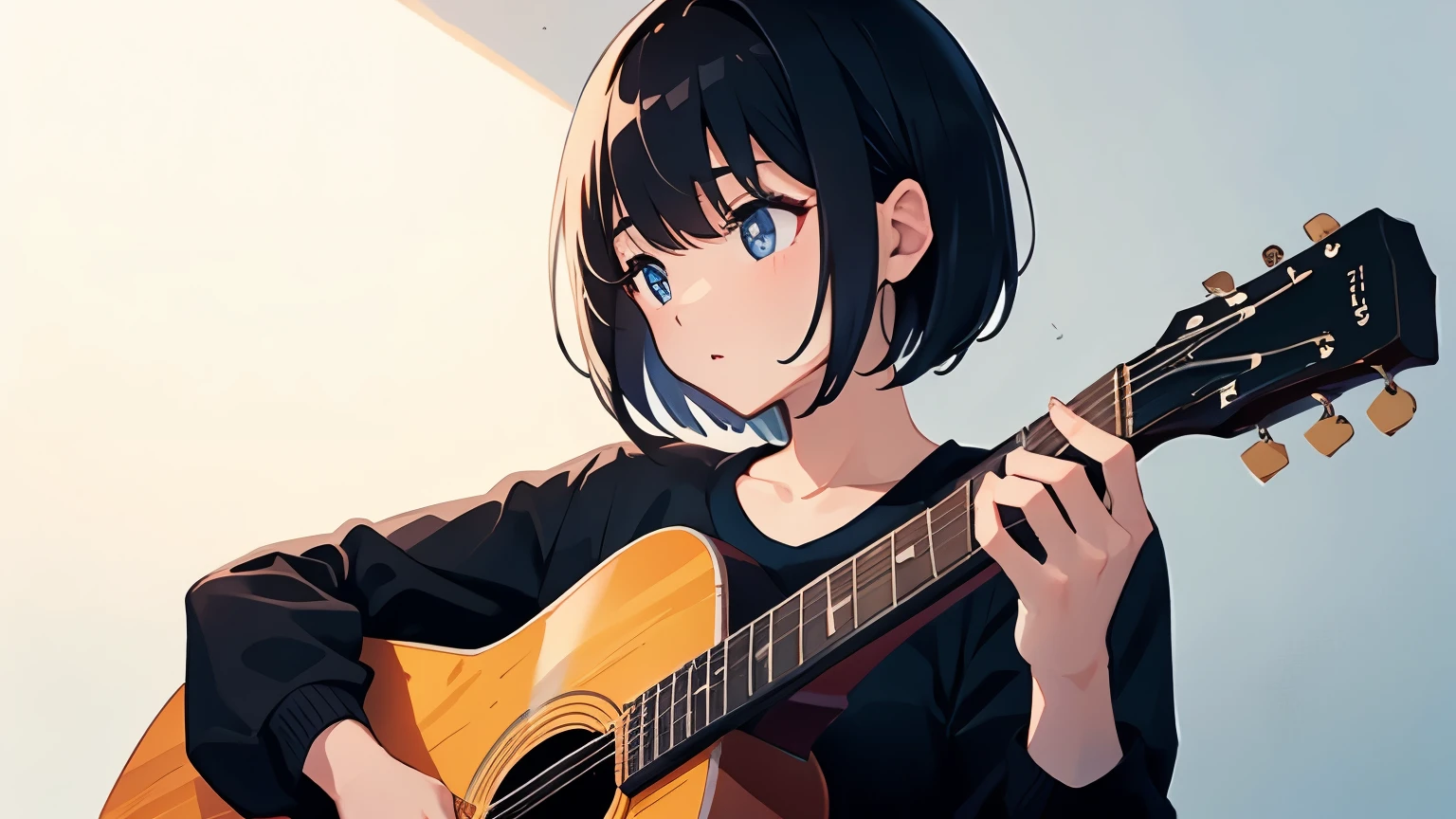 woman、black hair、short hair、long sleeve、acoustic guitar