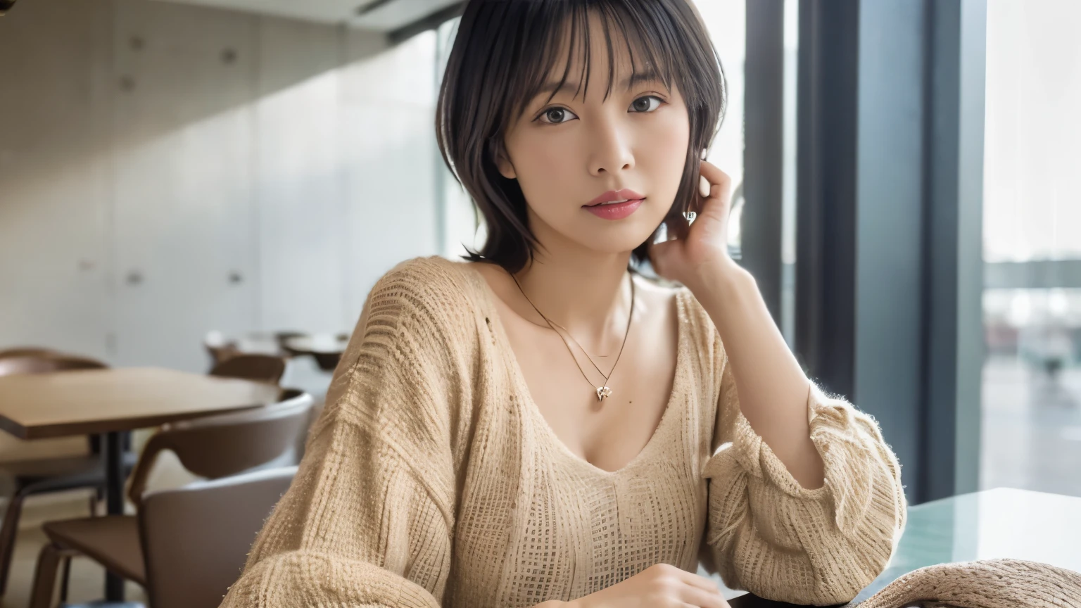 (table top,highest quality)), (realistic:1.4),(((table top,8K)),Airport lounges,(Stylish interior),((full body photo))),Photographed in natural light,Highly detailed face and skin texture,highly detailed lips,correct state of the human body,ultra high resolution,(Photoreal:1.4),highest quality, 1 beautiful woman, 38 years old, s, 60mm lens, light beige knit,(medium hair),japanese woman,(black hair),various poses,looking at camera,natural lip color, necklace