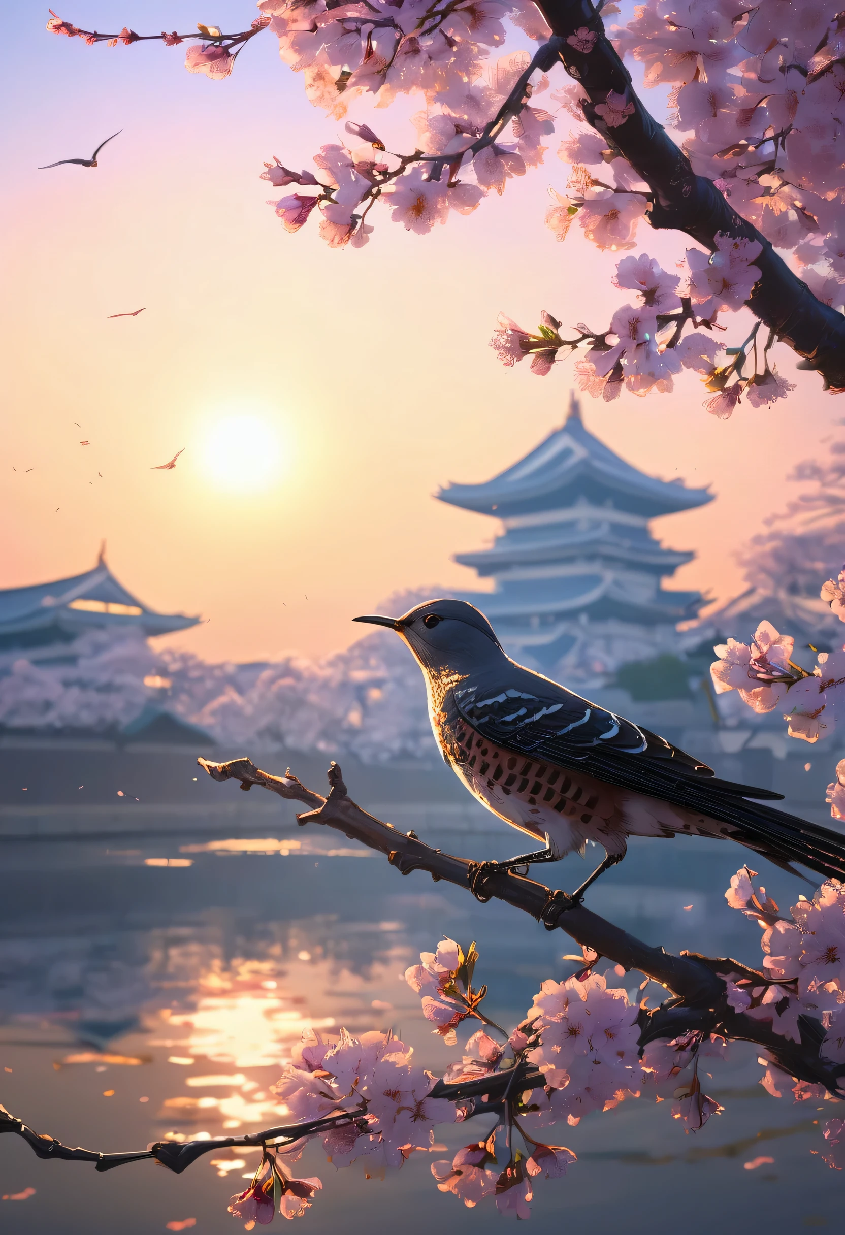 Edo Castle is in the background.、Before that, cherry blossom petals flutter down violently.、A cuckoo flies through the sunset、The main subject is a close-up of a little cuckoo flapping its wings powerfully., Symmetrical epic fantasy art, 4KfantasyArt, highly Detailed fantasy art, detailed fantasy digital art, Wide-angle fantasy art, Inspired by Andreas Rocha, Detailed fantasy art, 8KfantasyArt, andreas rocha and john howe, epic fantasy sci-fi illustration, fantasy