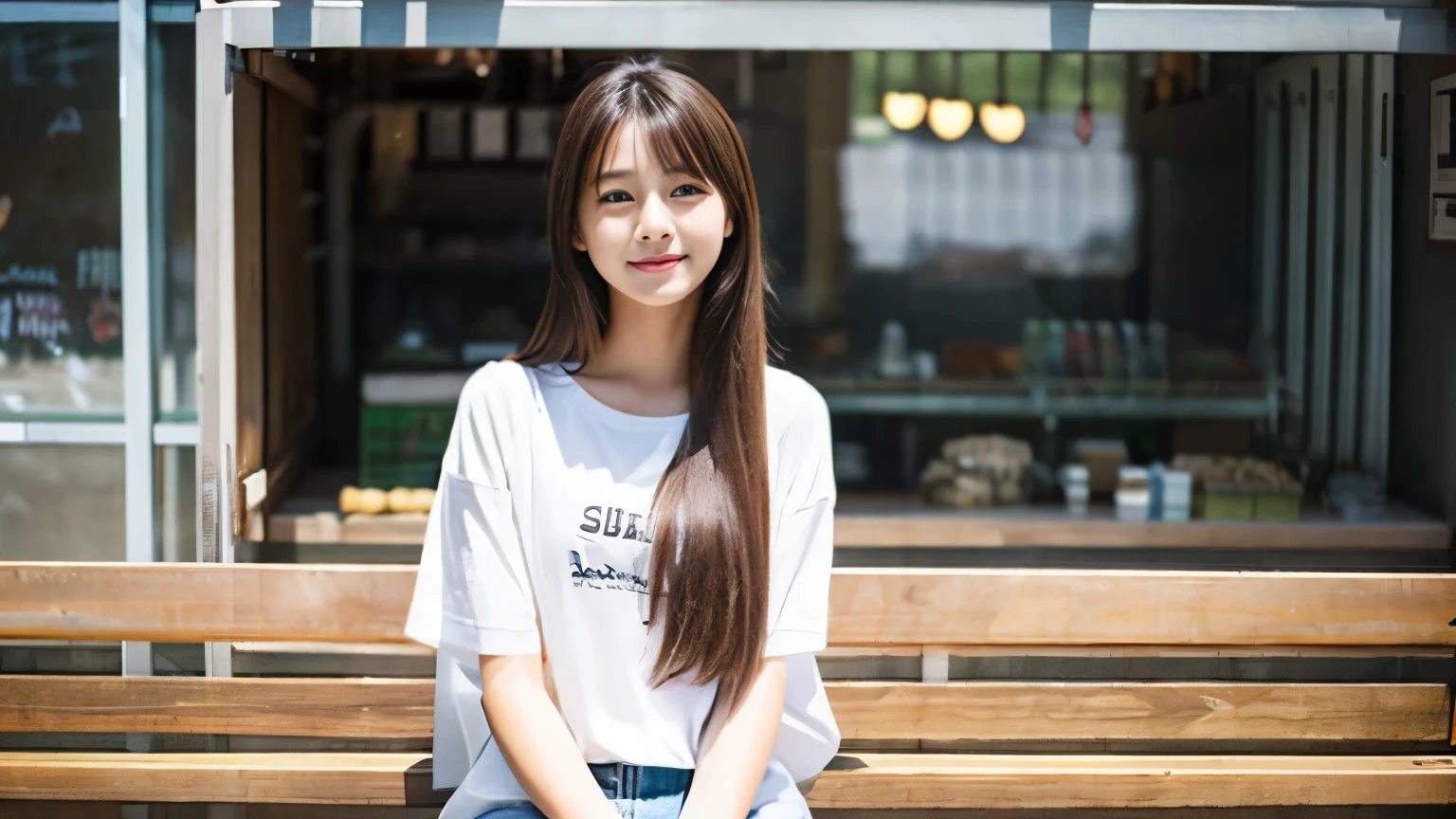 super high quality、natural brightness、日本の若いbeautiful girl、beautiful girl、Strong sadness、sit in a cafe、straight long hair、neat and clean clothes、beautiful skin quality