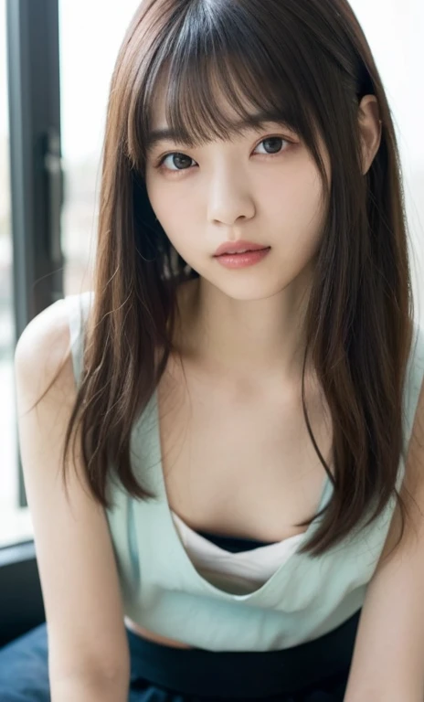 masterpiece、highest quality、16K、ultra high resolution、UHD，Depth of the bounds written、very detailed、soft light、professional lighting、Pale shading、Weak contrast、Japanese、beautiful girl、slender woman、Smooth, silky skin、clear white skin、daytime office、Window seat、sitting in front of the computer、A tight, pale mint green peprem that clings to the breast、(smooth and beautiful thighs:1.6）、(small breast:1.0)、flat chest、Childlike breasts、small areola、small nipples、beautiful nipples、Cherry-colored nipples、white breast、fine and beautiful eyes、（hanging eyes）、（thin eyebrows:1.0）、（thin lips:1.0）、natural makeup、natural color lip、gentle smile、(floating hair、long wavy hair、high ponytail),(The bangs are see-through bangs)、from head to thighs