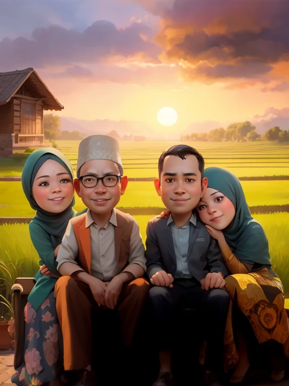 there are three people sitting on a bench in front of a field, an indonesian family portrait, muslim family, happy family, family portrait, potrait, full protrait, classic portrait, high quality portrait, traditional art, portrait shot, with sunset, cartoon digital painting, traditional portrait, caricature illustration, portrait picture, cartoon digital art, realism artstyle