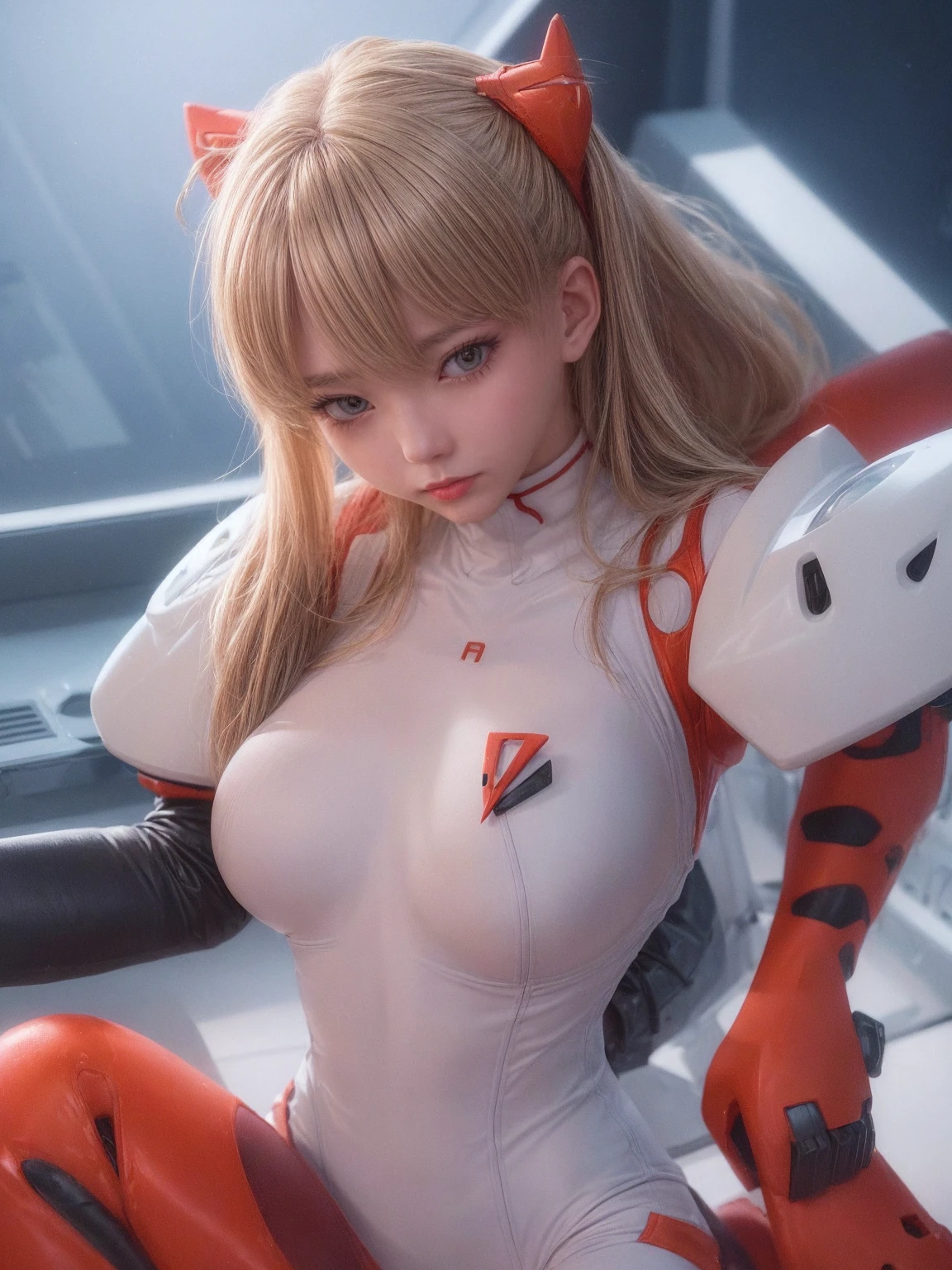 (top down view),dynamic angle,super detailed, enlightenment, Close-up, direct, 1 huge breasts, 
 ((Soryu Asuka Langley, interface headset, red leotard:1.4, blonde)),Her eyes shone like dream-like stars,(shining eyes of light:1.233),(beautiful and delicate eyes:1.1),(No expression,please keep your mouth shut),(Separate machine room in white spaceship with tools and spaceship window),
(night:1.2),dream-like, [[Thin fingers and hands:0.55]::0.85],(finger details),