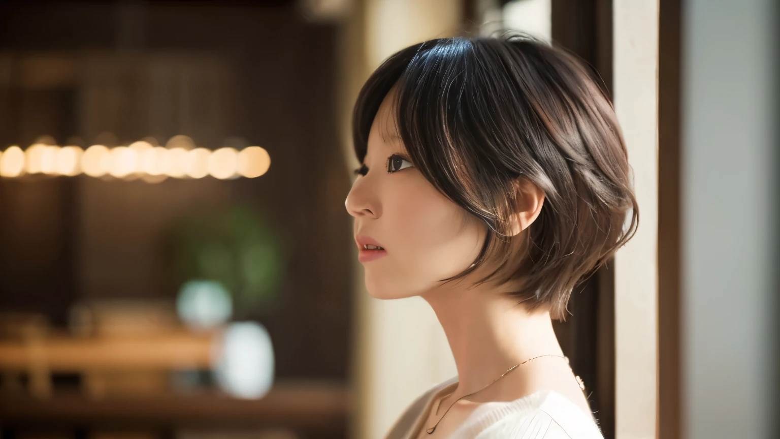 (highest quality、8K、32k、masterpiece、nffsw:1.2)、cute日本人女性の写真、very short bobbed hair、Upper body、surface focus、extra large_sweater、necklace、cafe background、Viewer search x4、(8K、Raw photo、highest quality、masterpiece:1.2)、(realistic、Photoreal:1.37)、1 girl、cute、professional lighting、photon mapping、Physically based rendering、gradient brunette hair、short curly hair、good looking、excellent image quality、High resolution、1080p、(cute face)、(Detailed facial description)、(Detailed Hand Explanation)、(Masseter muscle part)、(Detailed CG)、 extreme light and shadow、hair is dirty、masterpiece、Rich details、(exquisite features)、(best image quality)、(masterpiece)、(detailed eye)、delicate clavicle、various poses、Don&#39;Don&#39;don&#39;t look at the camera、profile、Photographed inside the cafe、spring clothes、simple necklace、knit