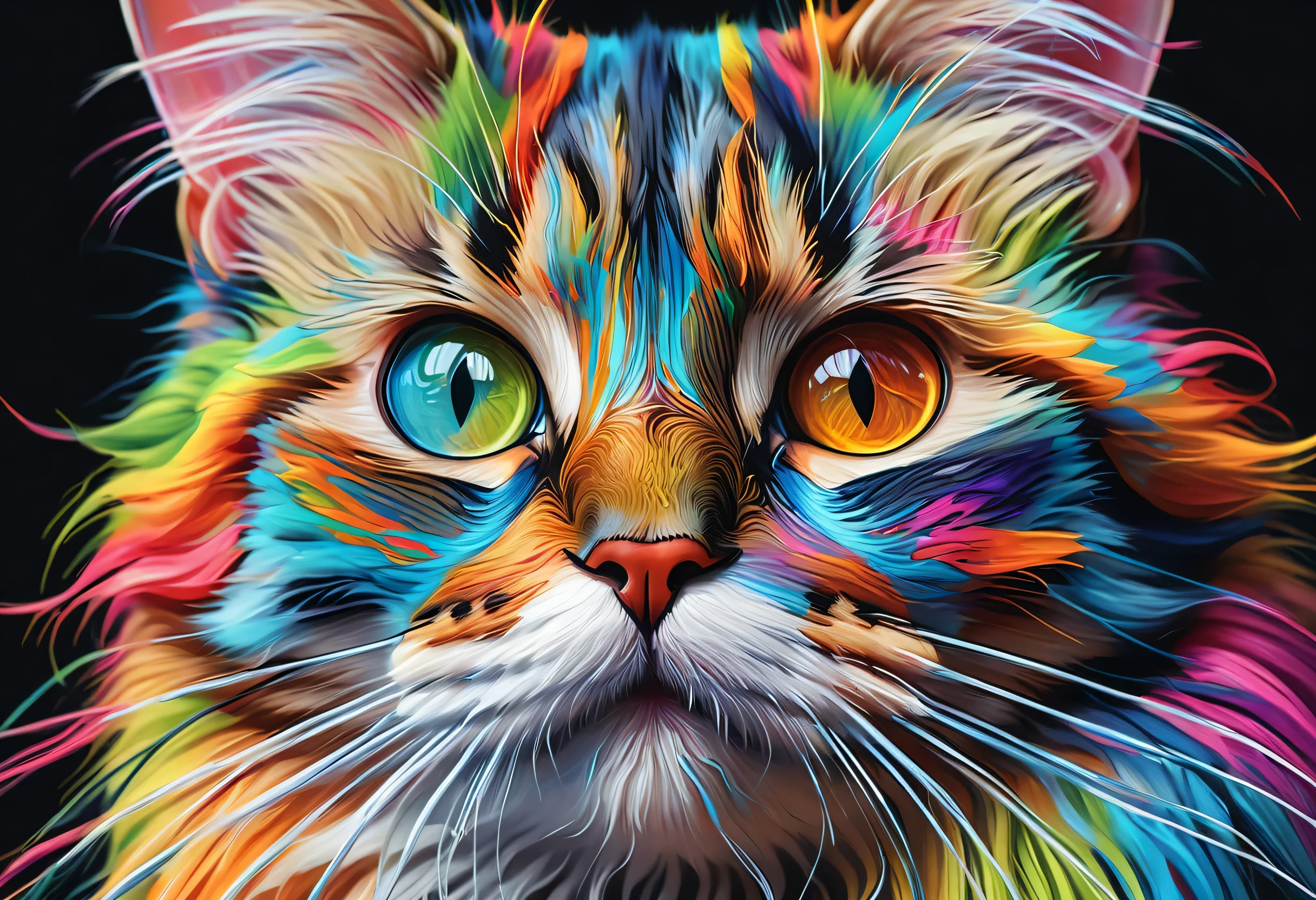 painting of a Cat with a colorful face and long whiskers, Airbrush paintings inspired by Sam Spratt, shutter stock, furry art, Cat. digital painting, 4k very detailed digital art, Beautiful art UHD 4K, detailed painting 4k, digital painting very detailed, 4k detailed digital art, very detailed digital painting, digital art. very detailed