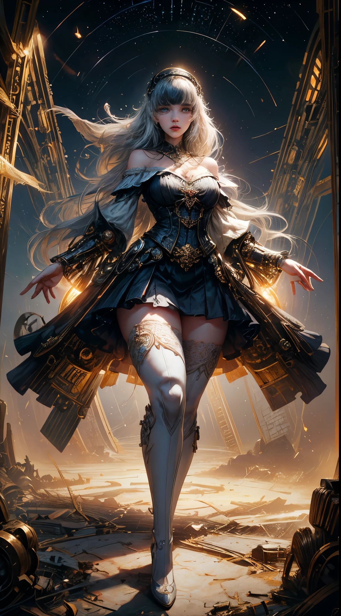 Wizard girl. Very pretty 14 years old,
(((masterpiece, best quality, raw photo, photorealistic, depth of field, ultra detailed, detailed face, very precise eyes))), Dynamic Action Pose, Invoke Magic, Mechanical Magic Weapons, very slender long legs, lace stockings on the knee, steampunk headgear, fluttering lace flared white mini skirt, off-shoulder white fashion with a fusion of detailed and intricate steampunk and detailed white gothic lolita, (((Very slender body, long, thin limbs))), upward and beautiful small breasts, (((Thick bangs))), (((princess cut))), Clean long white hair, long vertical curly hair, wind driven, futuristic complex steampunk factory background, infinite dark universe, flying celestial bodies, countless celestial neon lights raining down from the heavens, cinematic lighting decoration.