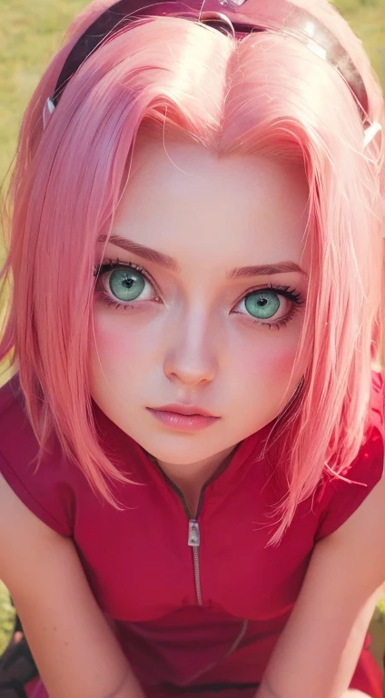 young woman, short shoulder-length pink hair, wide forehead, porcelain skin, pink eyebrows, big emerald green eyes, buttoned nose, full lips, heart-shaped face, slender body, small breasts, red tank top, Sakura Haruno , realistic, realism, details, 3d, well detailed
