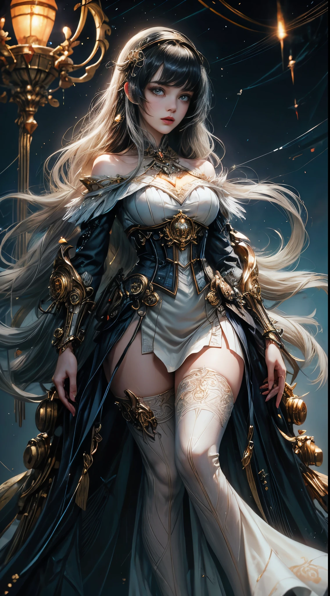 Wizard girl. Very pretty 14 years old,
(((masterpiece, best quality, raw photo, photorealistic, depth of field, ultra detailed, detailed face, very precise eyes))), Dynamic Action Pose, Invoke Magic, Mechanical Magic Weapons, very slender long legs, lace stockings on the knee, steampunk headgear, fluttering lace flared white mini skirt, off-shoulder white fashion with a fusion of detailed and intricate steampunk and detailed white gothic lolita, (((Very slender body, long, thin limbs))), upward and beautiful small breasts, (((Thick bangs))), (((princess cut))), Clean long white hair, long vertical curly hair, wind driven, futuristic complex steampunk factory background, infinite dark universe, flying celestial bodies, countless celestial neon lights raining down from the heavens, cinematic lighting decoration.