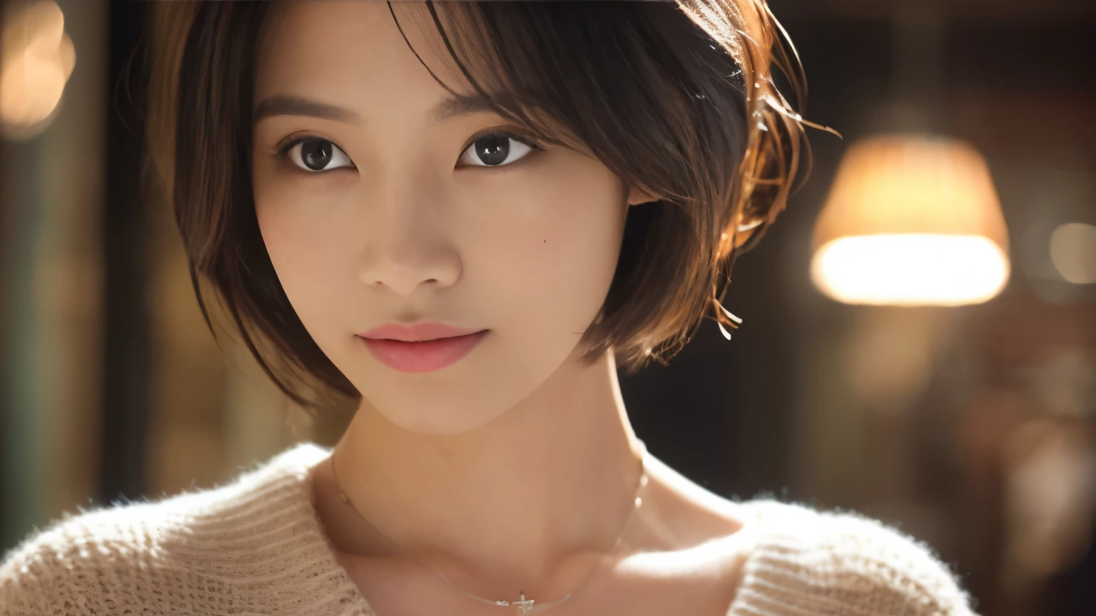 (highest quality、8K、32k、masterpiece、nffsw:1.2)、cute日本人女性の写真、very short bobbed hair、Upper body、surface focus、extra large_sweater、necklace、cafe background、Viewer search x4、(8K、Raw photo、highest quality、masterpiece:1.2)、(realistic、Photoreal:1.37)、1 girl、cute、professional lighting、photon mapping、Physically based rendering、gradient brunette hair、short curly hair、good looking、excellent image quality、High resolution、1080p、(cute face)、(Detailed facial description)、(Detailed Hand Explanation)、(Masseter muscle part)、(Detailed CG)、 extreme light and shadow、hair is dirty、masterpiece、Rich details、(exquisite features)、(best image quality)、(masterpiece)、(detailed eye)、delicate clavicle、various poses、Don'Don'don't look at the camera、profile、Photographed inside the cafe、spring clothes、simple necklace、knit
