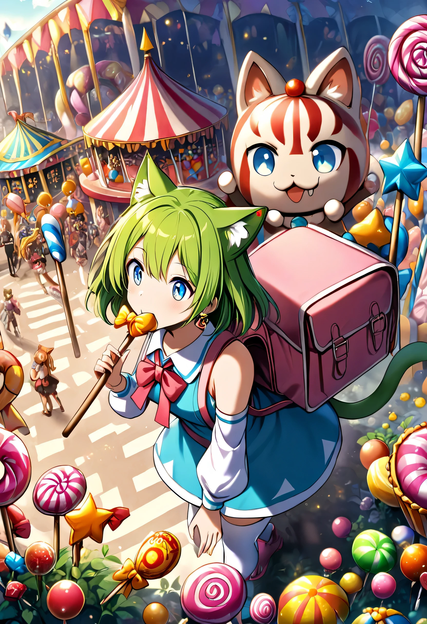 1 girl, deltamon_beta, alone, blue eyes, knee highs, animal ears, bare shoulders, blue tail, earrings, detached sleeve, green hair, sleeveless, cat ears, bag, white knee highs, cat tail, pink backpack, pink school bag, BREAK candy themed amusement park, big stick Young woman with candy in her mouth. BREAK Young woman holding a (large stick of candy: 1.3) at (candy-themed amusement park: 1.3).