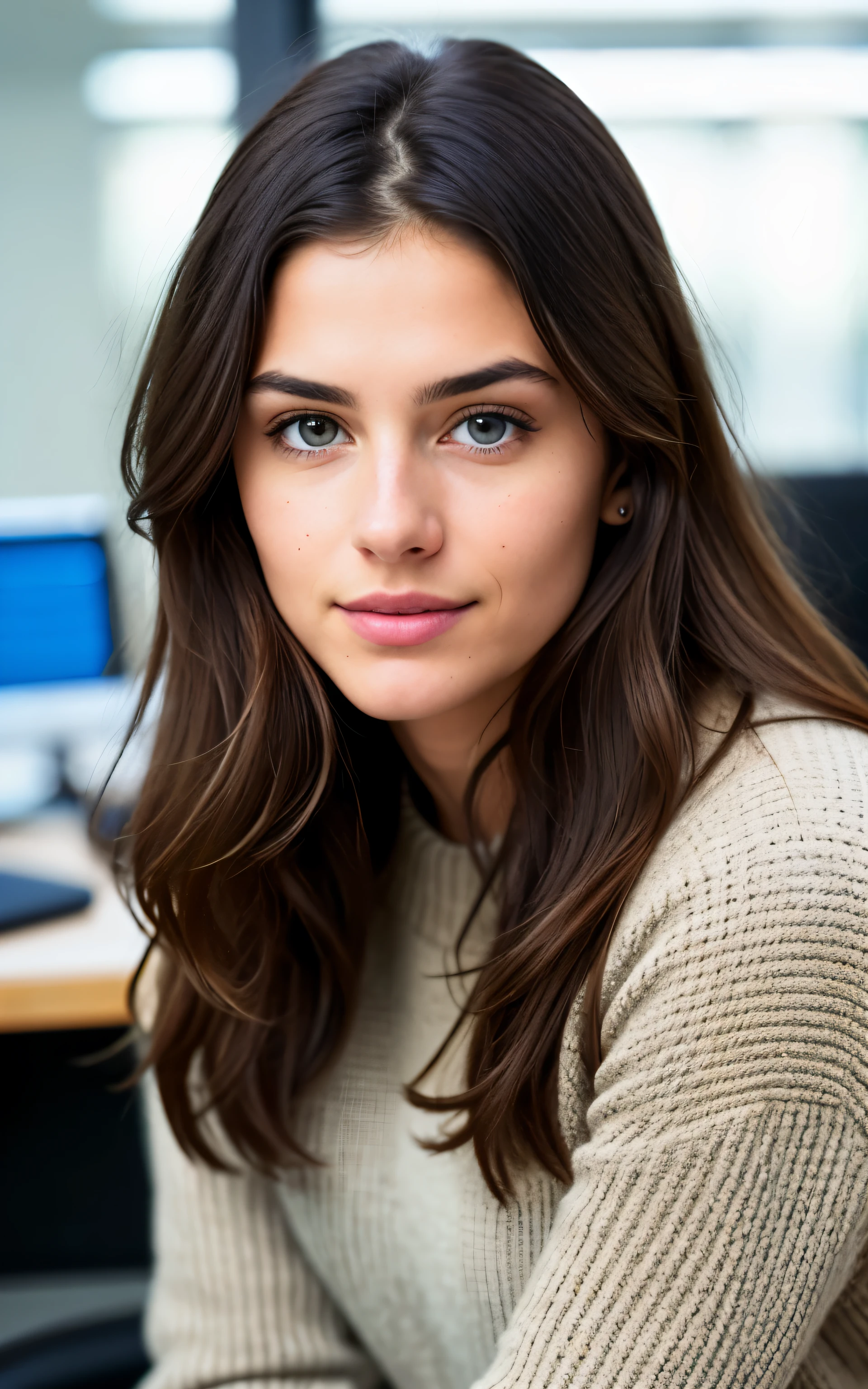 beautiful brunette wearing brown sweater a profile photo, Headshots (sitting in an office with hair looking at the camera ), muito detalhado, 21 anos de idade, rosto inocente, cabelos ondulados naturais, olhos azuis, high resolution, obra de arte, Melhor qualidade, detalhes intrincados, altamente detalhado, sharp focus, pele detalhada, realista skin textura, textura, olhos detalhados, profissional, 4K, Sorriso charmoso, filmado em Canon, 85 mm, profundidade superficial de campo, kodak vision color, corpo em forma perfeita, extremamente detalhado, foto_\(ultra\), photorealista, realista, Post-processing, maximum detail, rugosidade, Vida real, ultra realista, fotorrealismo, fotografia, 8k hd, fotografia