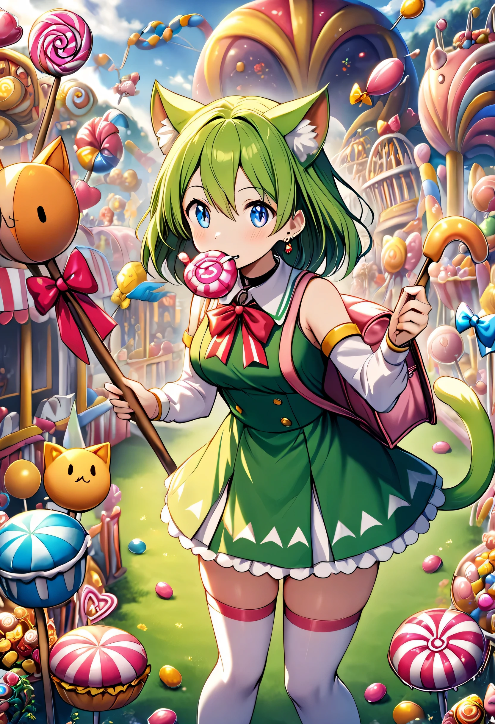 1 girl, deltamon_beta, alone, blue eyes, knee highs, animal ears, bare shoulders, blue tail, earrings, detached sleeve, green hair, sleeveless, cat ears, bag, white knee highs, cat tail, pink backpack, pink school bag, BREAK candy themed amusement park, big stick Young woman with candy in her mouth. BREAK Young woman holding a (large stick of candy: 1.3) at (candy-themed amusement park: 1.3).