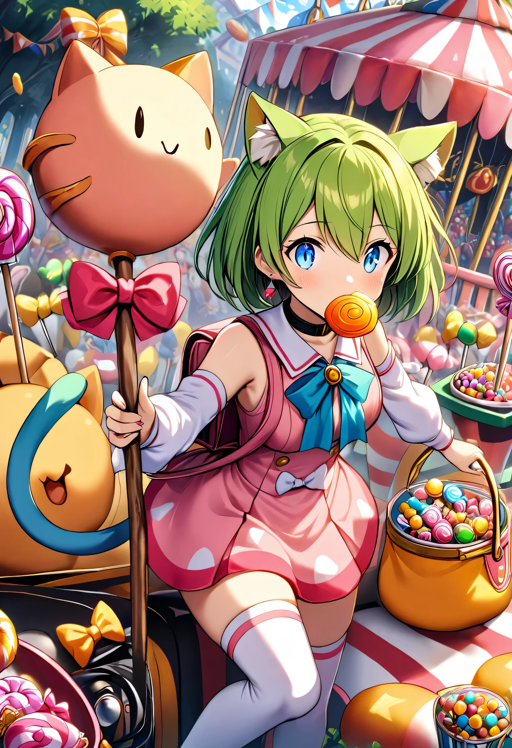 1 girl, deltamon_beta, alone, blue eyes, knee highs, animal ears, bare shoulders, blue tail, earrings, detached sleeve, green hair, sleeveless, cat ears, bag, white knee highs, cat tail, pink backpack, pink school bag, BREAK candy themed amusement park, big stick Young woman with candy in her mouth. BREAK Young woman holding a (large stick of candy: 1.3) at (candy-themed amusement park: 1.3).