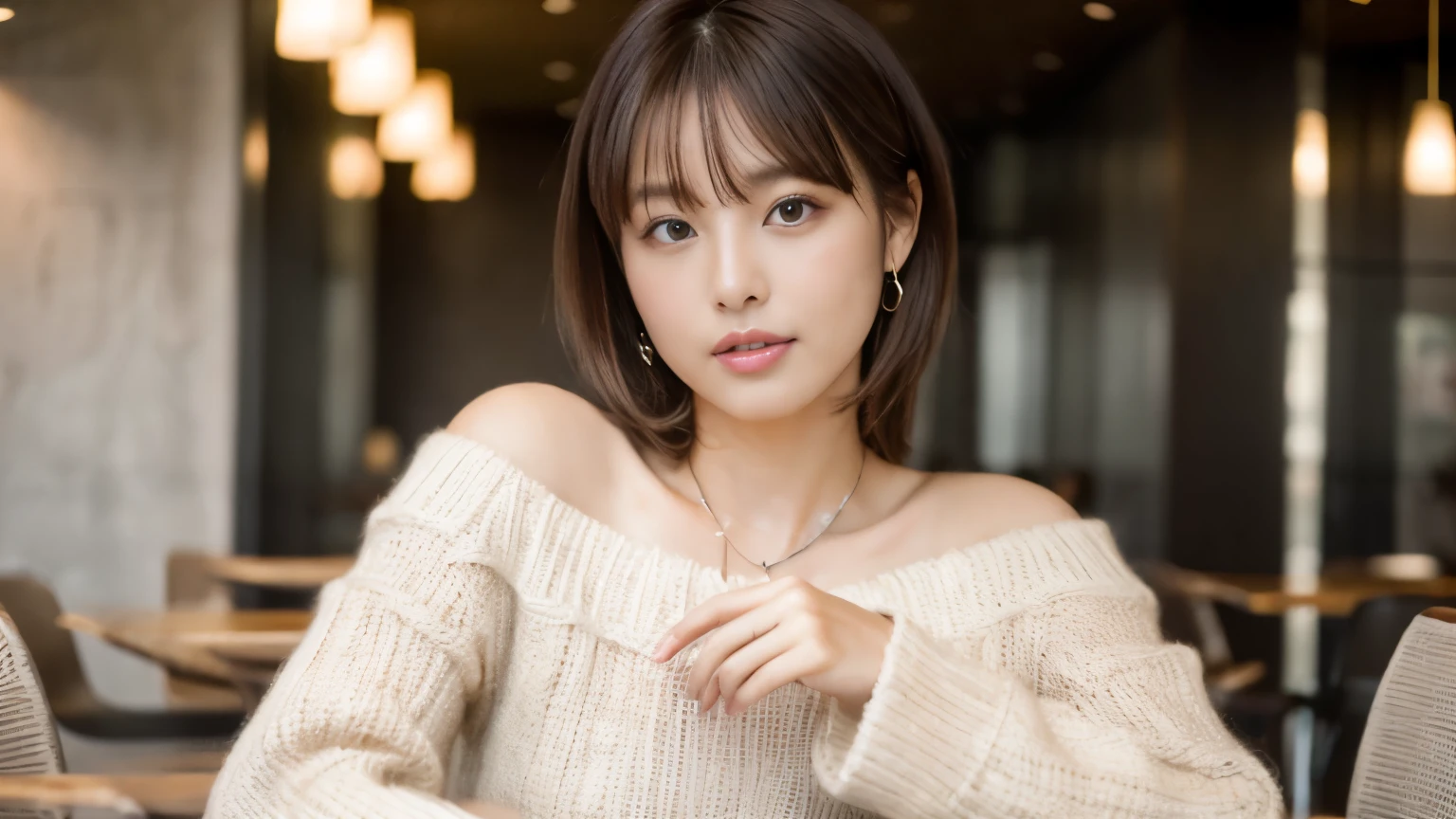 (table top,highest quality)), (realistic:1.4),(((table top,8K)),Airport lounges,(Stylish interior),((full body photo))),Photographed in natural light,Highly detailed face and skin texture,highly detailed lips,correct state of the human body,ultra high resolution,(Photoreal:1.4),highest quality, 1 beautiful woman, 38 years old, s, 60mm lens, light beige knit,(medium hair),japanese woman,(black hair),various poses,looking at camera,natural lip color, necklace