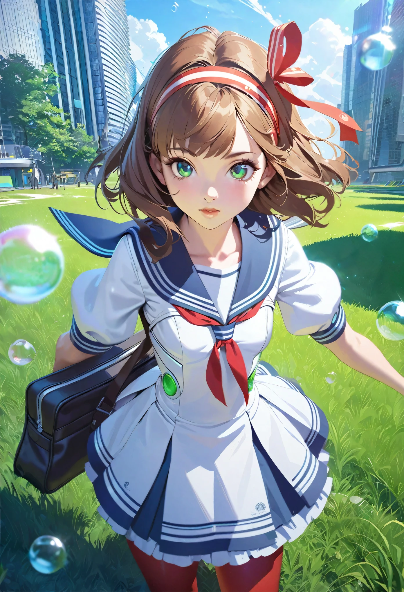 (best quality,4k,highres),ultra-detailed,realistic,portraits, Japaneese school girl, green eyes, long brown hair,anime style,futuristic, Frutiger Aero aesthetic, eco- modernism, bokeh, ribbon headband,small breast,futuristic sailor ****ta dress,puffy sleeves,white and blue,colorful lighting, red ribbon, navy blue pantyhose, school shoes, school bag, school crest, standing in a green field with futuristic skyscrapers in the background, sunny day with blue sky and clouds, small amount of bubbles, tertiary colors, highly detailed, 4K.