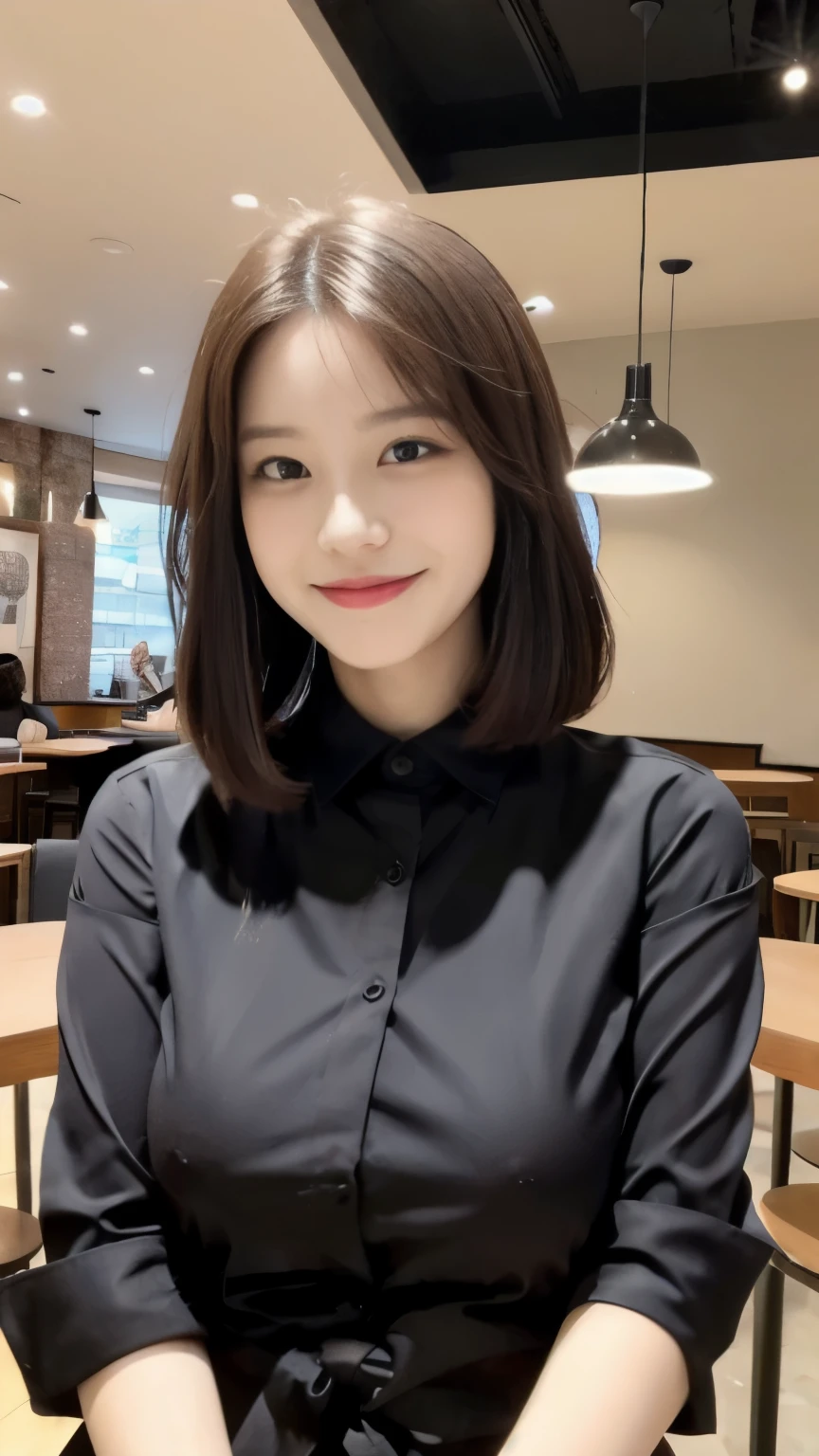 (((1girl)))((best qualtiy, 8K, tmasterpiece:1.3)),((Sharp:1.2, perfect figure beautiful woman:1.4, Slim abs:1.2)), ((Layered Hair Style, huge tit:1.3)),((Highly detailed facial and skin texture,A detailed eye,Black eye,double eyelid, droopy eyes)),(japan girl:1.5)(Brown Hair,Bob Cut)(Formal shirt:1.8),(in cafe:1.3) random Smile(random pose)