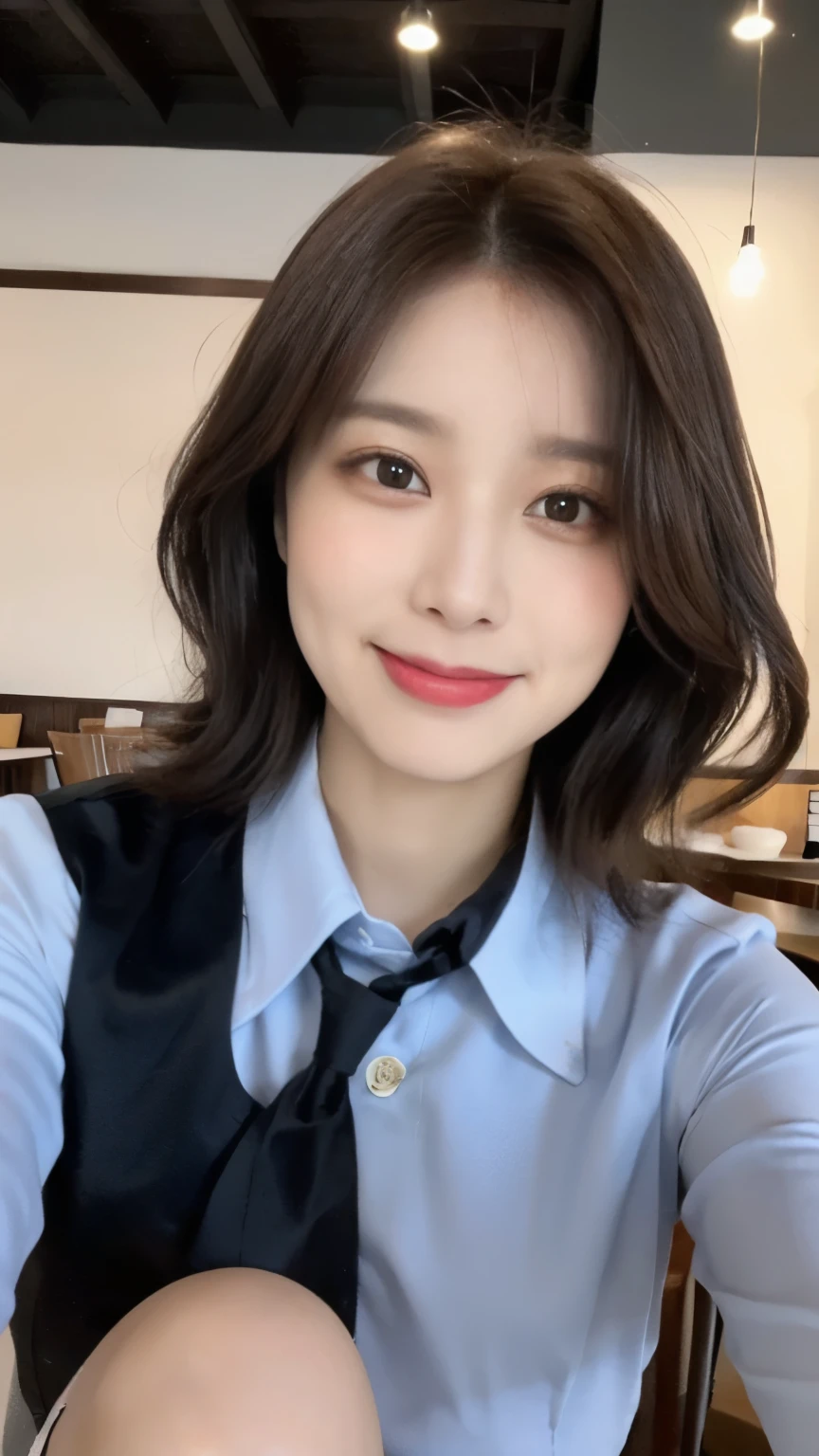 (((1girl)))((best qualtiy, 8K, tmasterpiece:1.3)),((Sharp:1.2, perfect figure beautiful woman:1.4, Slim abs:1.2)), ((Layered Hair Style, huge tit:1.3)),((Highly detailed facial and skin texture,A detailed eye,Black eye,double eyelid, droopy eyes)),(japan girl:1.5)(Brown Hair,Bob Cut)(Formal shirt:1.8),(in cafe:1.3) random Smile(random pose)