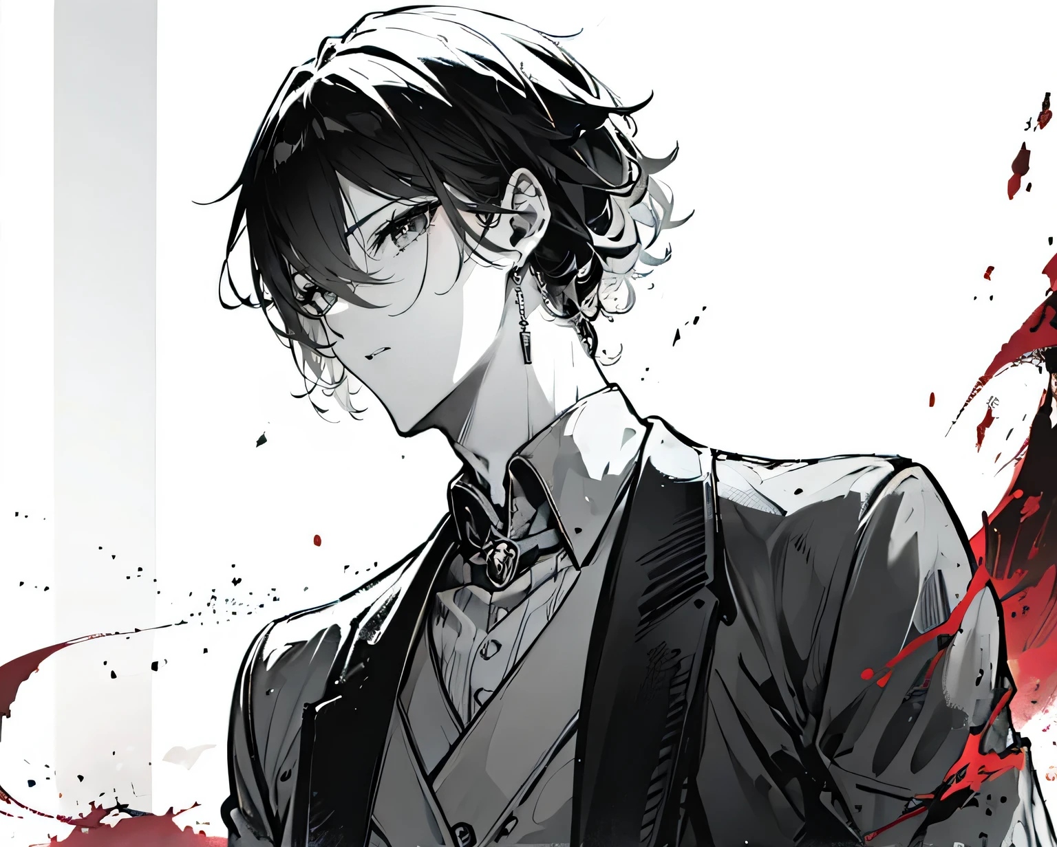 Please draw a man like Clavis from Slaughterhouse Organ. The figure should be grayscale artwork with a detailed upper body and face and lots of hair. Use textures for the background for an artistic touch.