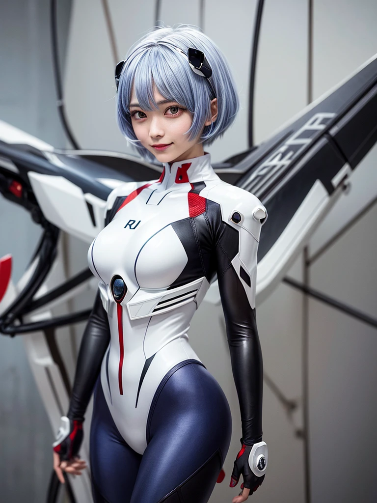 Masterpiece, highest quality, 8K, detailed skin texture, fine cloth texture, beautiful detailed face, intricate details, super detailed, portrait of Rei Ayanami, blue hair, red eyes, looking far away, no background, Evangelion Wearing a plug suit when riding, plug suit, whole body visible, standing, arms crossed, , beautiful, cute, great style, smiling