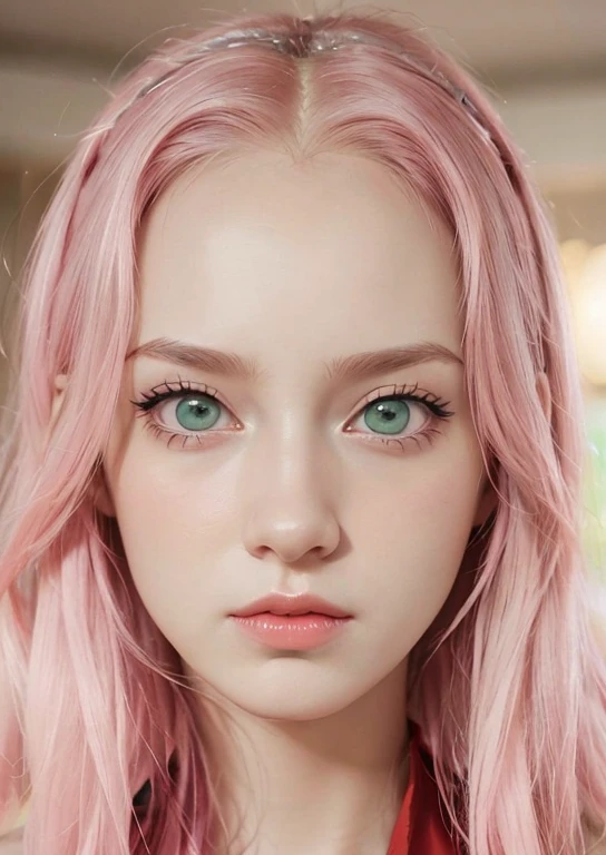 young woman, short shoulder-length pink hair, wide forehead, porcelain skin, pink eyebrows, big emerald green eyes, buttoned nose, full lips, heart-shaped face, slender body, small breasts, red tank top, Sakura Haruno , realistic, realism, details, 3d, well detailed
