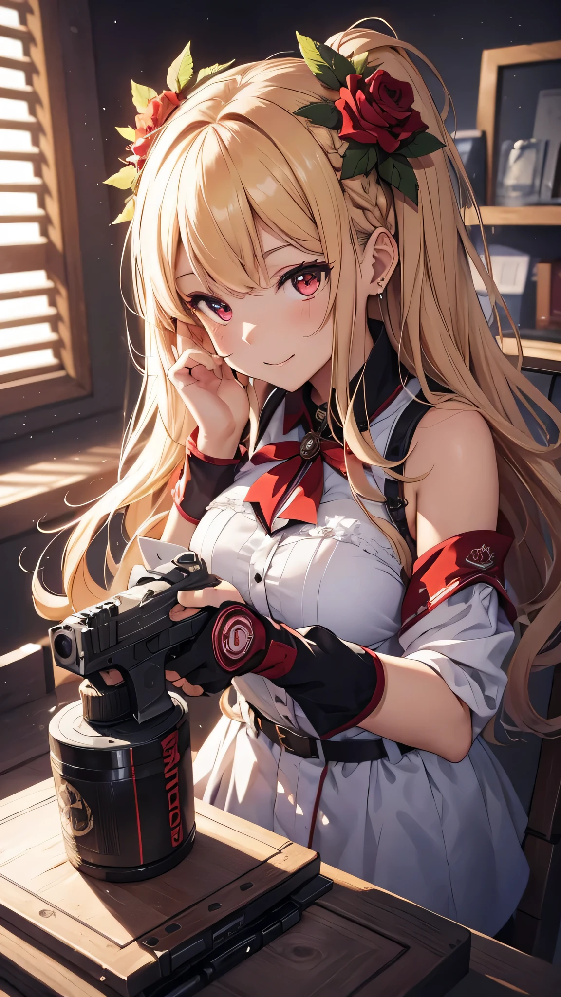 最high quality、best image quality、masterpiece、girl((18-year-old、 By becoming、vest bust、medium bust,wide open breast tea、red glowing eyes, blonde、messy hair、long hair、thin,highest valley、Show the whole body、white dress、open chest、White wristband、red shoes、sexy、smile、Leaning forward、rose hair ornament、Holding a handgun、Whole body return blood)),high quality、beautiful art、background((In the office at night))、Flight、debris flies、Depth of written boundary、movie、visual art、perfect art、8K,genuine、