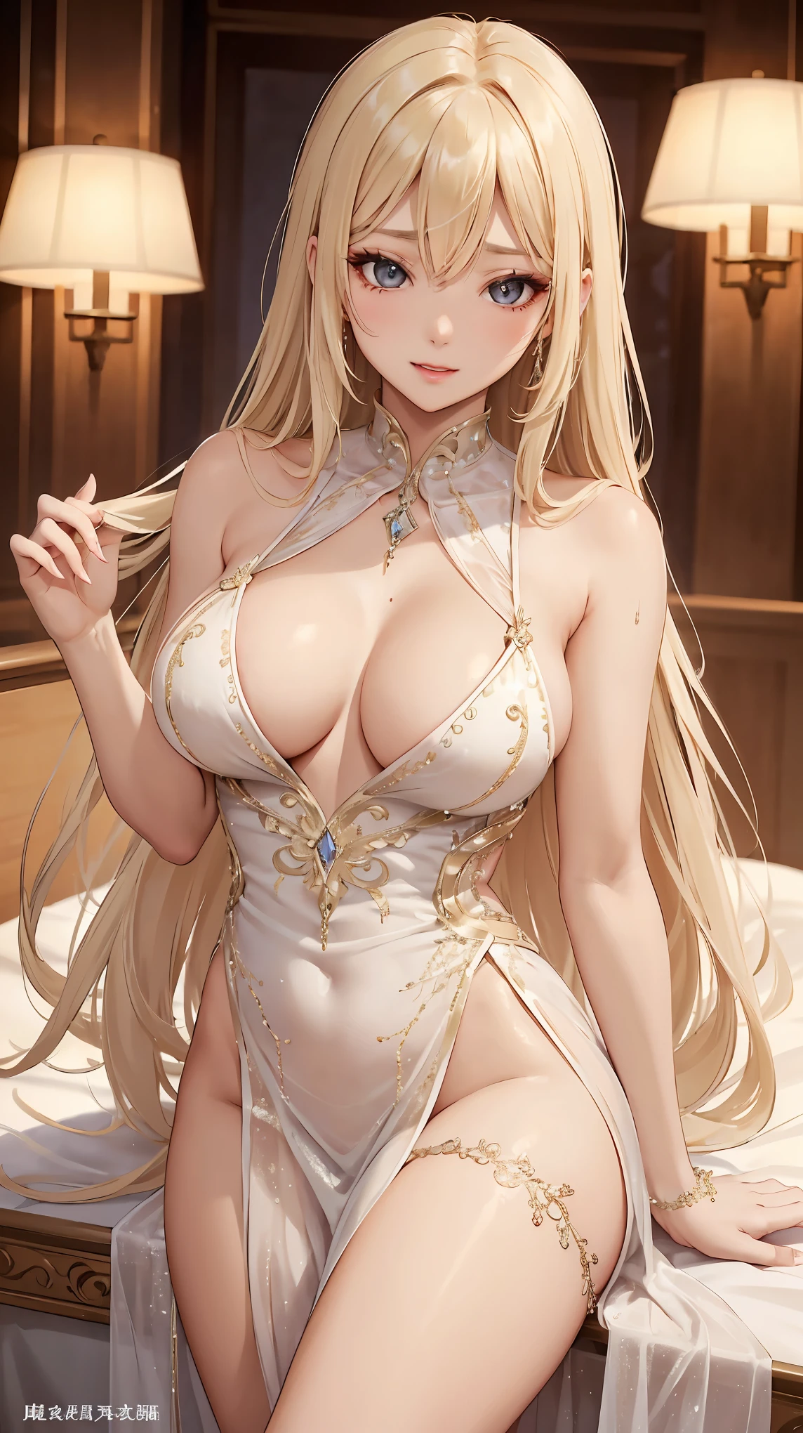unparalleled beauty、perfect body、beautiful ample breasts、long blonde hair、bangs、((embellished sexy dress))、((I'm seducing you))