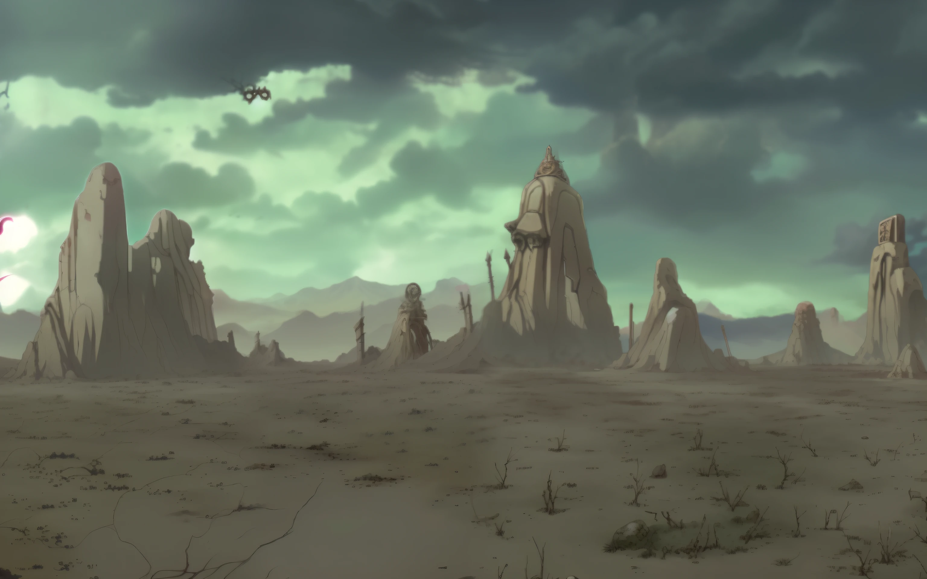 Arafed image of a group of people standing in the desert, Attack on Titan Scenario, Valley of the Cursed Bottom, dark ruins landscape, The background is the ruins, premonitory antecedents, Fundo de areia de pedra de Odin, com rochas irregulares e misteriosas, Fundo de anime Claymore, Sinister apocalyptic context, ancient ruins background, Cemetery background