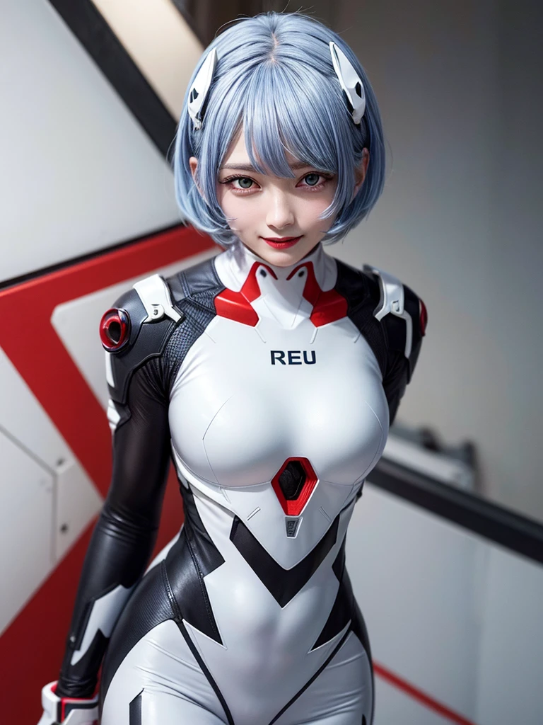 Masterpiece, highest quality, 8K, detailed skin texture, fine cloth texture, beautiful detailed face, intricate details, super detailed, portrait of Rei Ayanami, blue hair, red eyes, looking far away, no background, Evangelion Wearing a plug suit when riding, plug suit, whole body visible, standing, arms crossed, 15 years old, beautiful, cute, great style, smiling,composition that shows the whole body,
