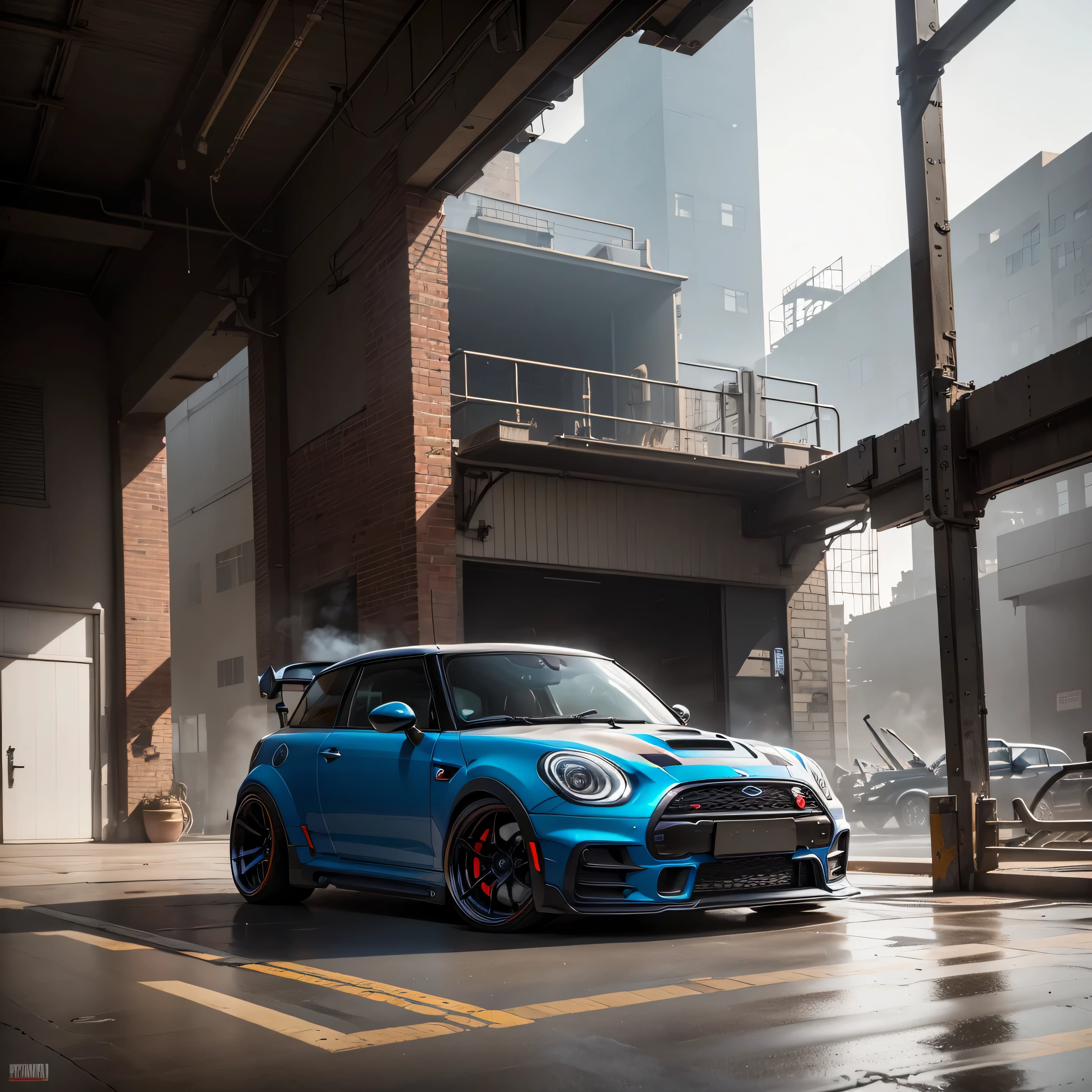 blue with white roof R56 Mini Cooper S JCW, ((carbon fibre, Liberty walk ultra wide body kit)), aggressive stance ((background: inside old industrial style building, large windows in background, overcast sky, heavy industrial look, cobble stone street)), 8K quality, realistic, realism, sharp, detailed, ultrawide, black and carbon fibre and deep candy apple red scheme, front profile, epic stance, epic ultra wide body kit, super low stance, aggressive looks