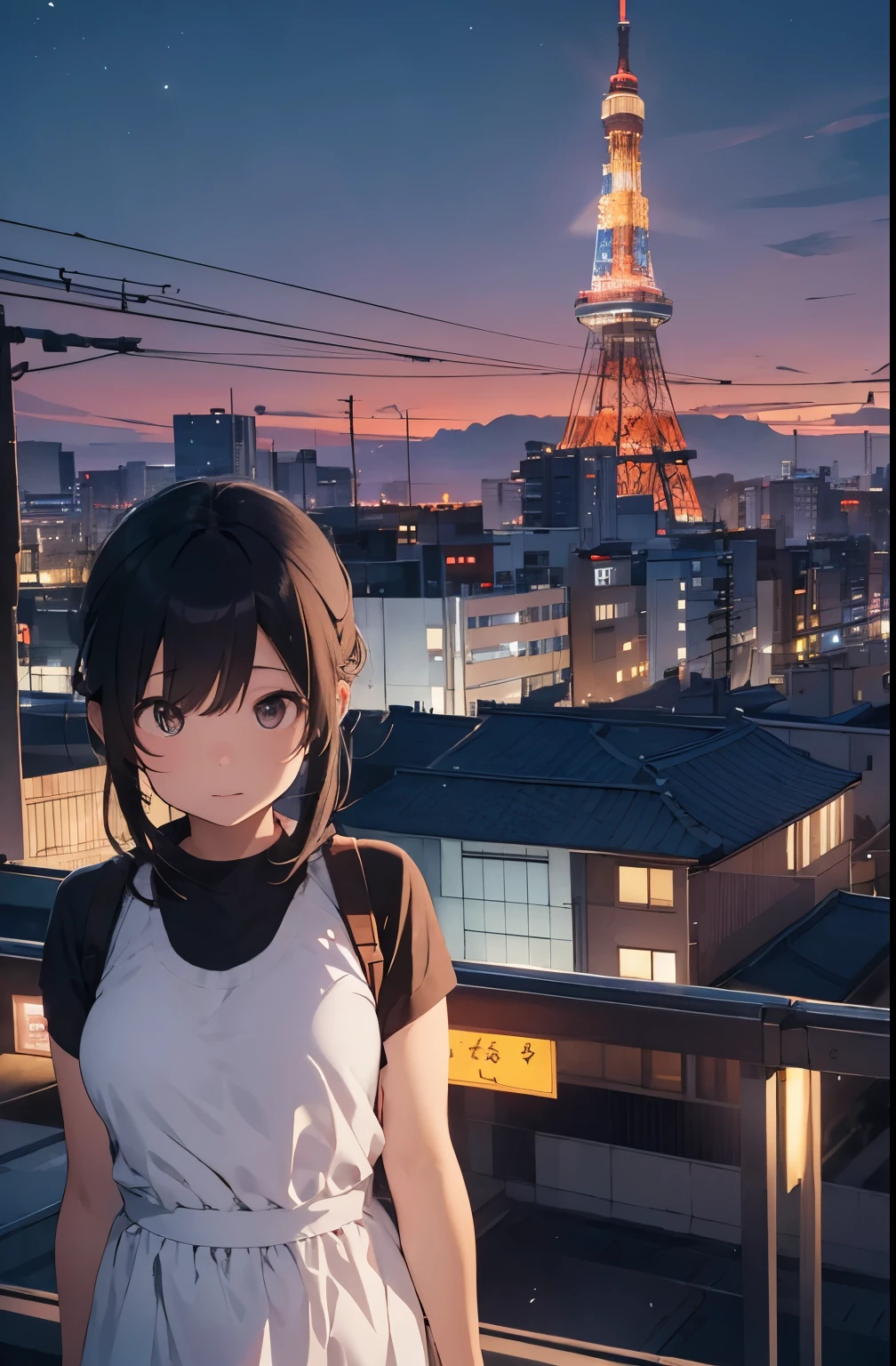 At the moment when golden hour turns into night、View from a rooftop in Tokyo with the skyline in the background。Beautiful Japan Woman、Wearing a white minimalist swimsuit、Standing facing the camera。Her long green hair fluttering in the breeze、The golden light creates a silhouette effect that envelops her.。Behind her are cherry blossoms in full bloom.、It symbolizes the peaceful coexistence of city life and nature.。In the image、Including the lights of Tokyo Tower and the moonlight.、The silence and beauty of the night are emphasized.。Camera settings are in manual mode、F score is f2.Range: 8 to F4、The shutter speed is 1/Over 250 seconds、ISO is set to 100 or 200。