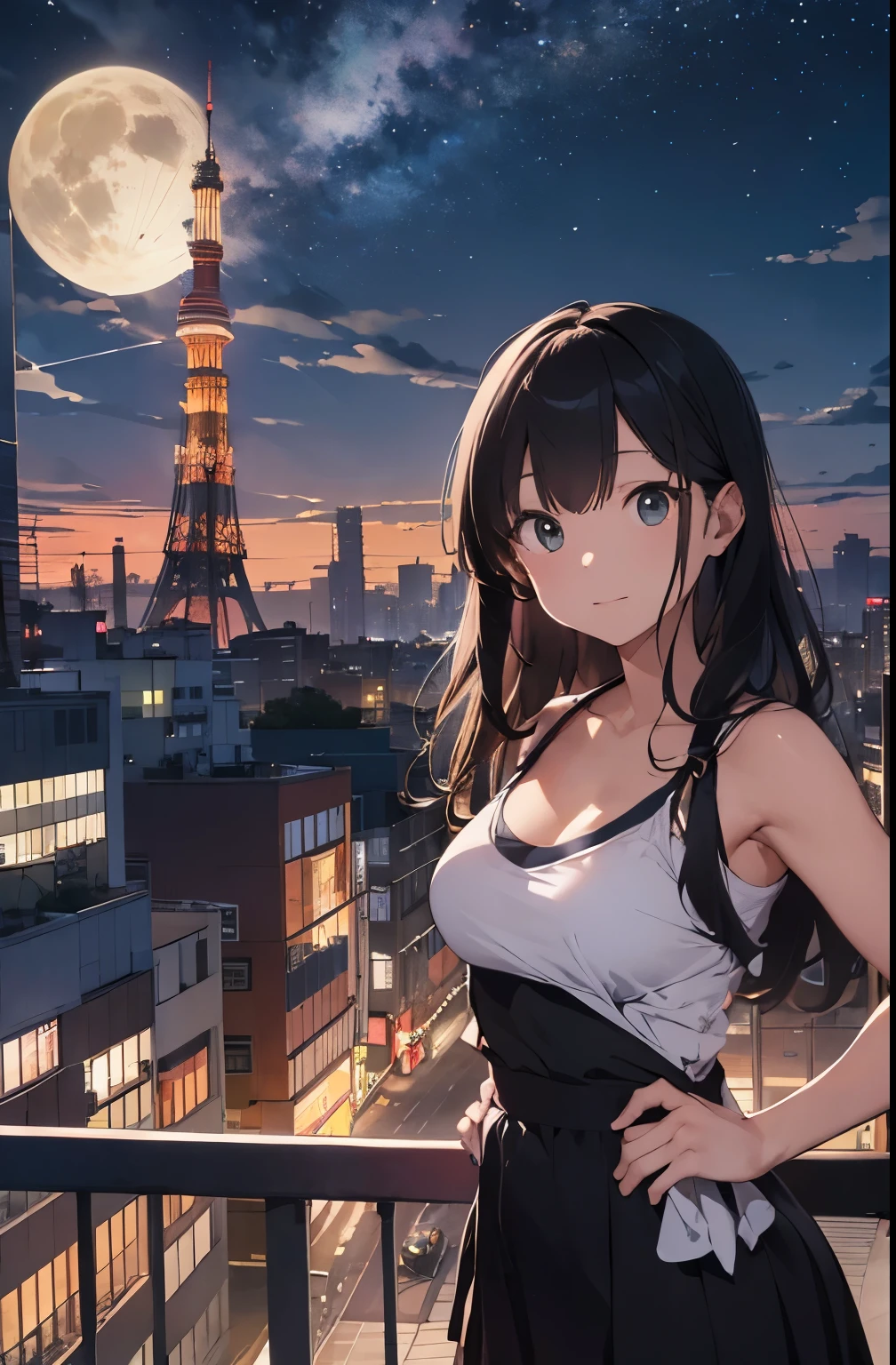 At the moment when golden hour turns into night、View from a rooftop in Tokyo with the skyline in the background。Beautiful Japan Woman、Wearing a white minimalist swimsuit、Standing facing the camera。Her long green hair fluttering in the breeze、The golden light creates a silhouette effect that envelops her.。Behind her are cherry blossoms in full bloom.、It symbolizes the peaceful coexistence of city life and nature.。In the image、Including the lights of Tokyo Tower and the moonlight.、The silence and beauty of the night are emphasized.。Camera settings are in manual mode、F score is f2.Range: 8 to F4、The shutter speed is 1/Over 250 seconds、ISO is set to 100 or 200。