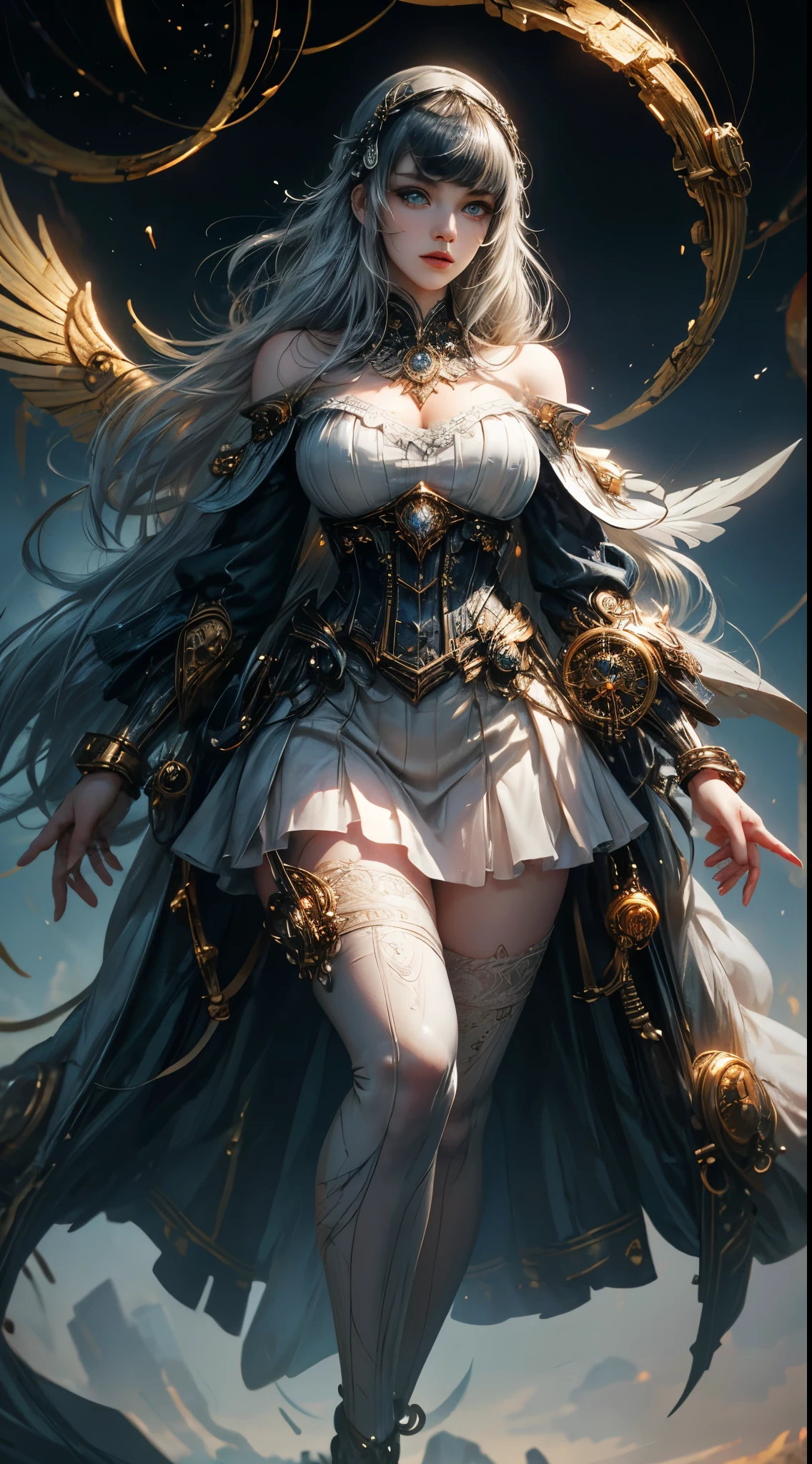 Wizard girl. Very pretty ,
(((masterpiece, best quality, raw photo, photorealistic, depth of field, ultra detailed, detailed face, very precise eyes))), Dynamic Action Pose, Invoke Magic, Mechanical Magic Weapons, very slender long legs, lace stockings on the knee, steampunk headgear, fluttering lace flared white mini skirt, off-shoulder white fashion with a fusion of detailed and intricate steampunk and detailed white gothic lolita, (((Vslender body, long, thin limbs))), upward and beautiful small breasts, (((Thick bangs))), (((princess cut))), Clean long white hair, long vertical curly hair, wind driven, futuristic complex steampunk factory background, infinite dark universe, flying celestial bodies, countless celestial neon lights raining down from the heavens, cinematic lighting decoration.