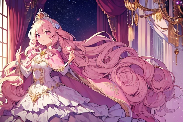 (kawaii),(best quality),(ultra detailed),(rococo style),(long train pastel pink cape:1.15), very long cape,(long train white ball gown with flower decorations:1.1), a girl is wearing a cape over her gown, 1 little princess, tiara, smile, very long hair, small breasts, beautiful detailed eyes, beautiful detailed lips
