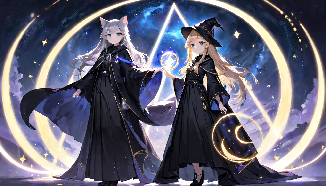(masterpiece, best quality, very aesthetic, absurdres,general) , 1girl, solo, very long black wizard's cloak, long wizard's trousers,very long skirt:1.2),The girl is using magic,Glowing triangular magic circle,,cute girl、Girl with clear eyes、Straight long hair,cat ear