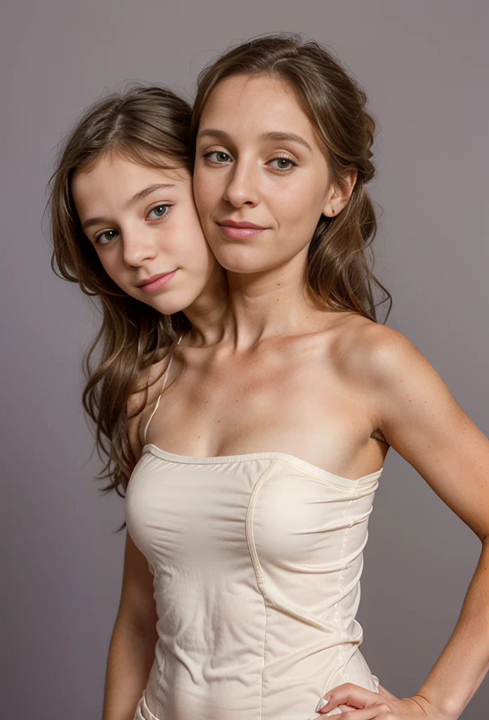 2heads, two headed girl, (a 10 year old girl and a 30 year old woman:1.5), (a brunette and a blonde:1.2)