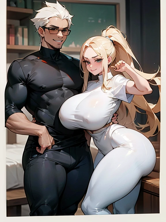 three pale, blond Persian 24 year old girls wearing tight-shirts and long yoga-pants  (the girls express desire towards a nerdy african man) (the girls surround the nerdy african man) (the nerdy african man smirks)
