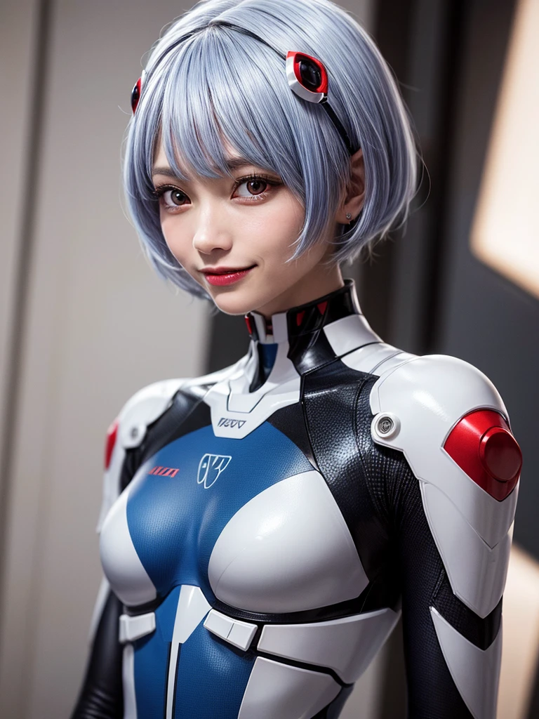 Masterpiece, highest quality, 8K, detailed skin texture, fine cloth texture, beautiful detailed face, intricate details, super detailed, portrait of Rei Ayanami, blue hair, red eyes, looking far away, no background, Evangelion Wearing a plug suit when riding, plug suit, whole body visible, standing, arms crossed, , beautiful, cute, great style, smiling