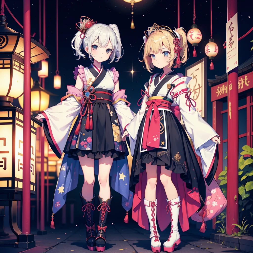 1girl、vtuber-fullbody、Star Fairy、masterpiece、official art、Super detailed、super beautiful、かわいいStar Fairy、white straight short hair、Milky Way、universe、star charm、star、baby face、Knee-high boots、Japanese pattern dress、A beautiful girl wearing black and white clothes that are a remake of a yukata.、universeを思わせるOiranフリルドレス、Oiran