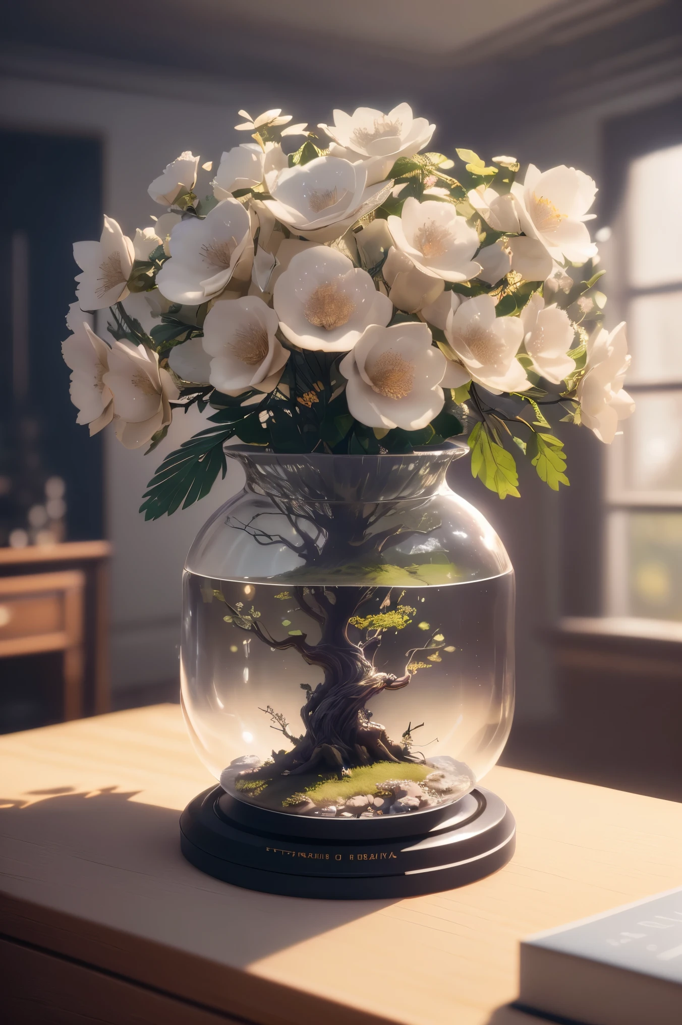 dreamlikeart tree in a bottle, fluffy, realistic, photo, canon, dreamlike, art, colorfull leaves and branches with flowers on top of its head. hyperdetailed photorealism by greg rutkowski - h 1024 w 804 | f 1 6 lens mark 2:2 s 3555 mm film grain :1 lifelike high res sharp focus contrast!! intricate detailed atmospheric light refraction lighting unreal engine 5 cinematic concept photography masterpiece octane render trending at cgsociety rendered as, on desk, 