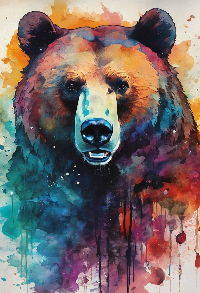 a fierce bear, ocean ::2 colorful ink painting ::2 art fantasy