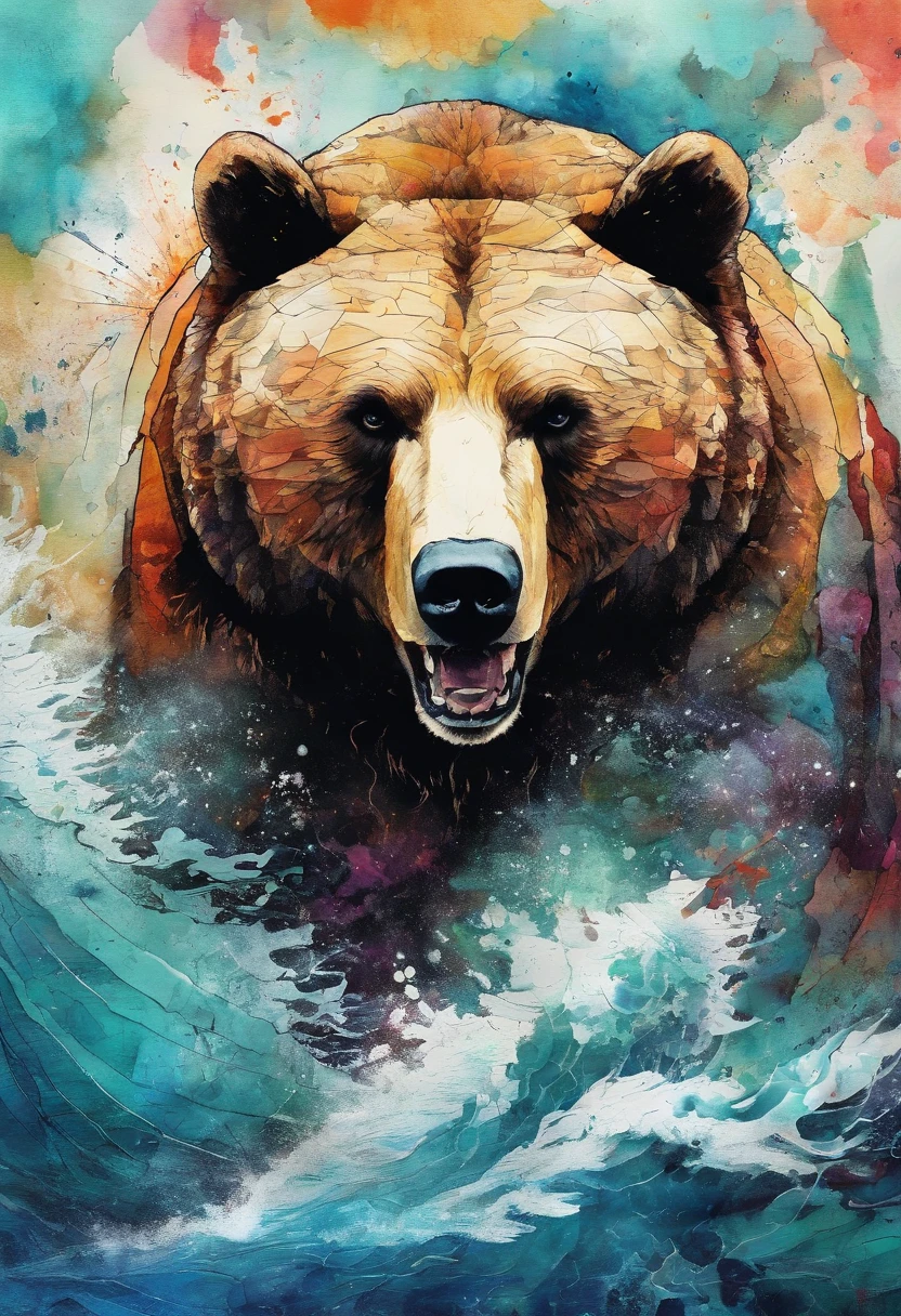 a fierce bear, ocean ::2 colorful ink painting ::2 art fantasy