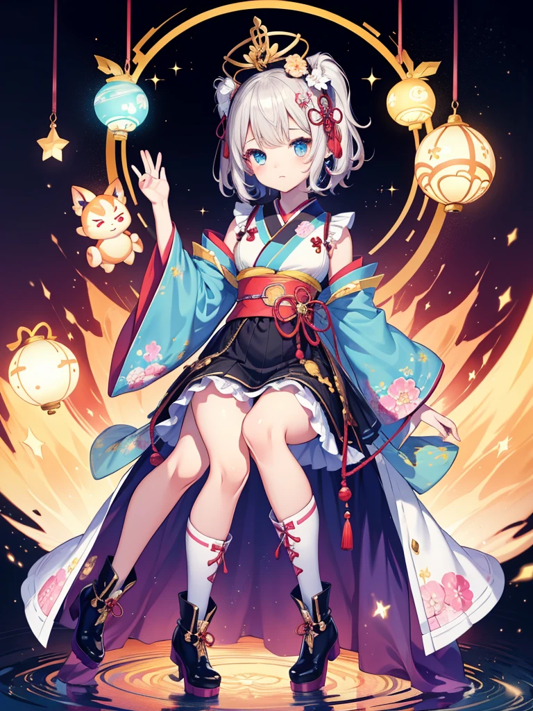 1girl、vtuber-fullbody、Star Fairy、masterpiece、official art、Super detailed、super beautiful、かわいいStar Fairy、white straight short hair、Milky Way、universe、star charm、star、、Knee-high boots、Japanese pattern dress、A beautiful girl wearing black and white clothes that are a remake of a yukata.、universeを思わせるOiranフリルドレス、Oiran
