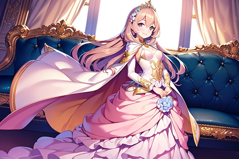 (kawaii),(best quality),(ultra detailed),(rococo style),(long train pastel pink cape:1.15), very long cape,(long train white ball gown with flower decorations:1.1), a girl is wearing a cape over her gown, 1 little princess, tiara, smile, very long hair, small breasts, beautiful detailed eyes, beautiful detailed lips