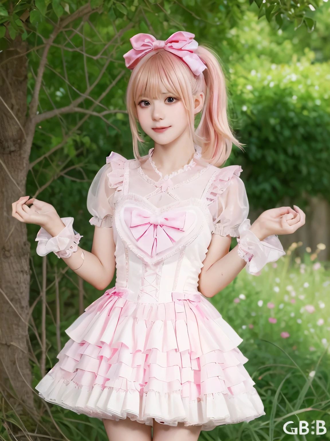 Masterpiece, best quality, ultra-detailed, (1girl, solo, cyb dress, pink dress, frills, see-through short sleeves, wrist cuffs , ponytail, diagonal bangs, very shy face,g.i. haircut, blonde hair), outdoor