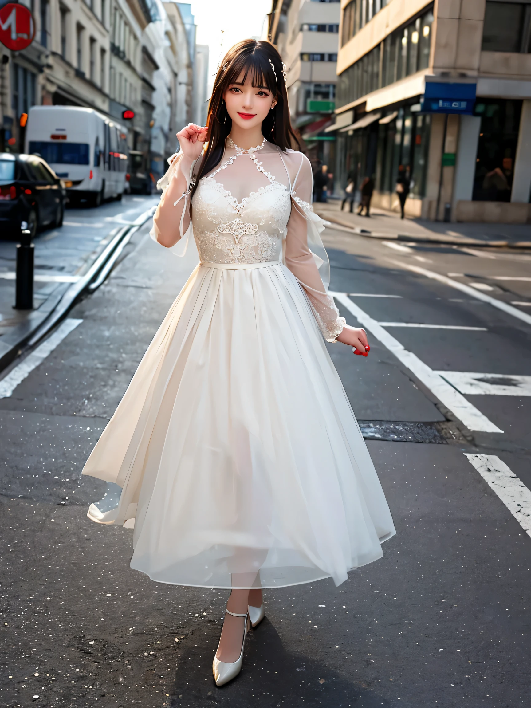 ((best quality, 8K, masterpiece :1.3)), 1 girl, Smile, whole body, face slimming, pretty Woman, (Dark brown hair), full length dress :1.1, Super detailed face, delicate eyes, double eyelids, blurred background, face slimming, City, external, street,
