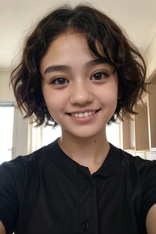 1girl, curly hair,, black eyes, upper teeth only, middle school student, school uniform, full face blush, light smile, blushing, crushing, 16 years old, legally a minor, japanese, teenager, adolescent, short hair, very short hair, extremely short hair, taking selfie