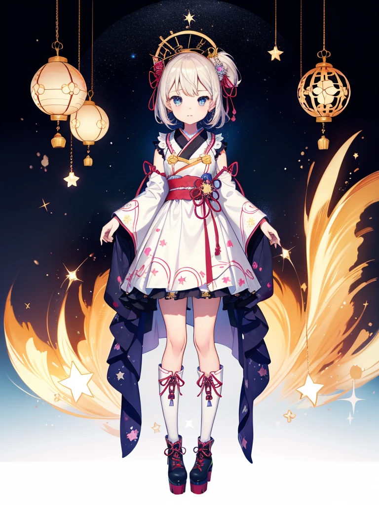 1girl、vtuber-fullbody、Star Fairy、masterpiece、official art、Super detailed、super beautiful、かわいいStar Fairy、white straight short hair、Milky Way、universe、star charm、star、baby face、Knee-high boots、Japanese pattern dress、A beautiful girl wearing black and white clothes that are a remake of a yukata.、universeを思わせるOiranフリルドレス、Oiran