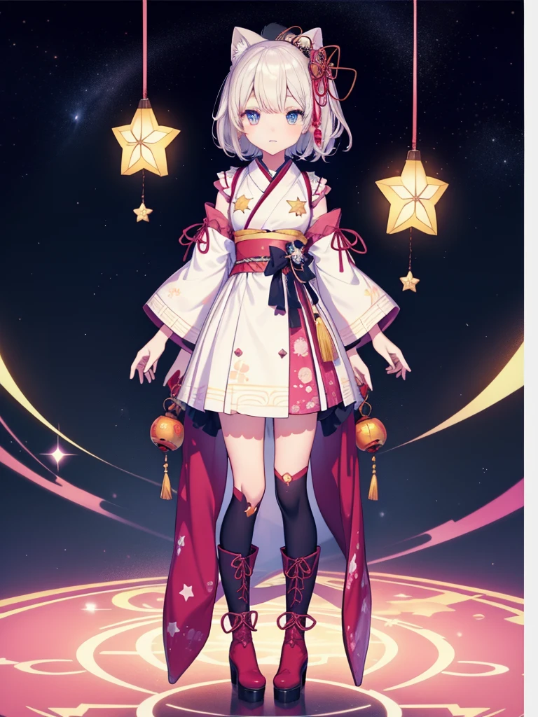 1girl、vtuber-fullbody、Star Fairy、masterpiece、official art、Super detailed、super beautiful、かわいいStar Fairy、white straight short hair、Milky Way、universe、star charm、star、baby face、Knee-high boots、Japanese pattern dress、A beautiful girl wearing black and white clothes that are a remake of a yukata.、universeを思わせるOiranフリルドレス、Oiran